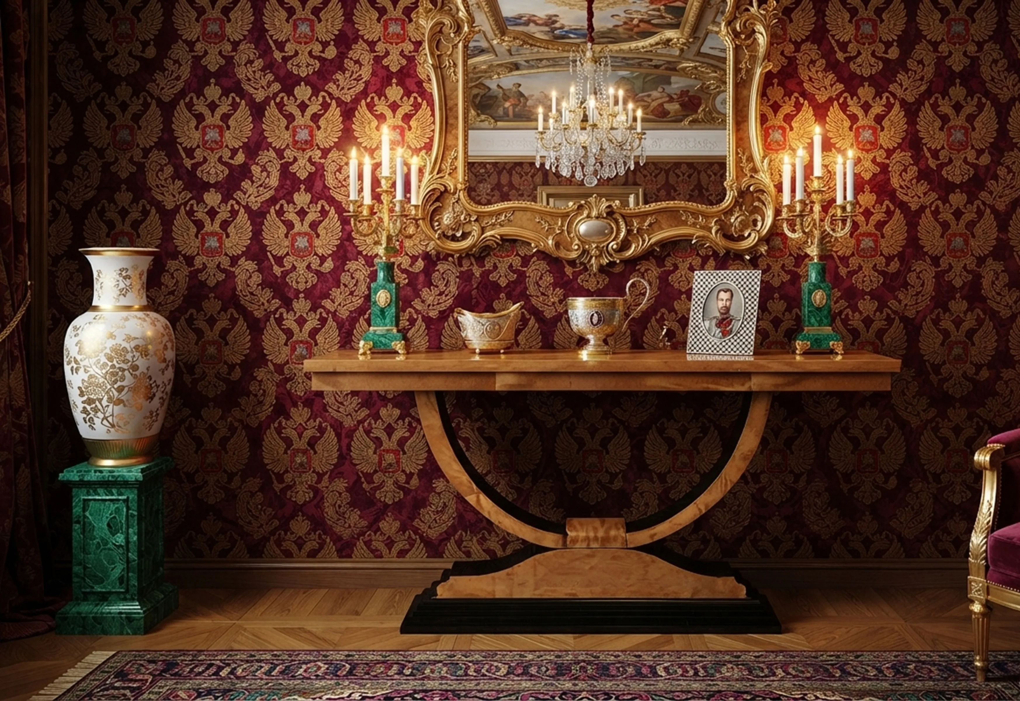 Dos consolas antiguas decoradas en un entorno elegante con candelabros y un espejo grande.