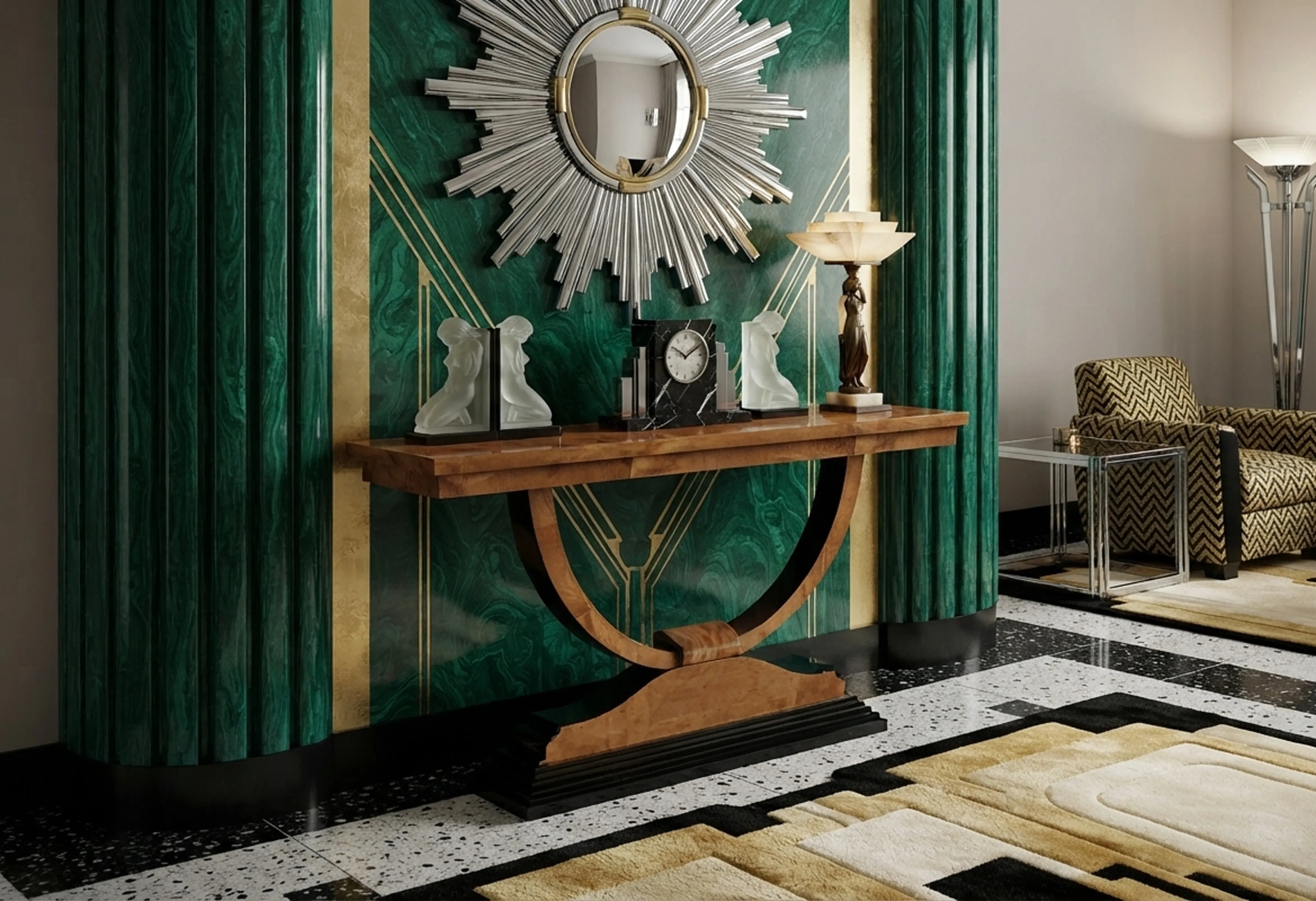 deux consoles anciennes décorées élégamment avec une horloge et une lampe