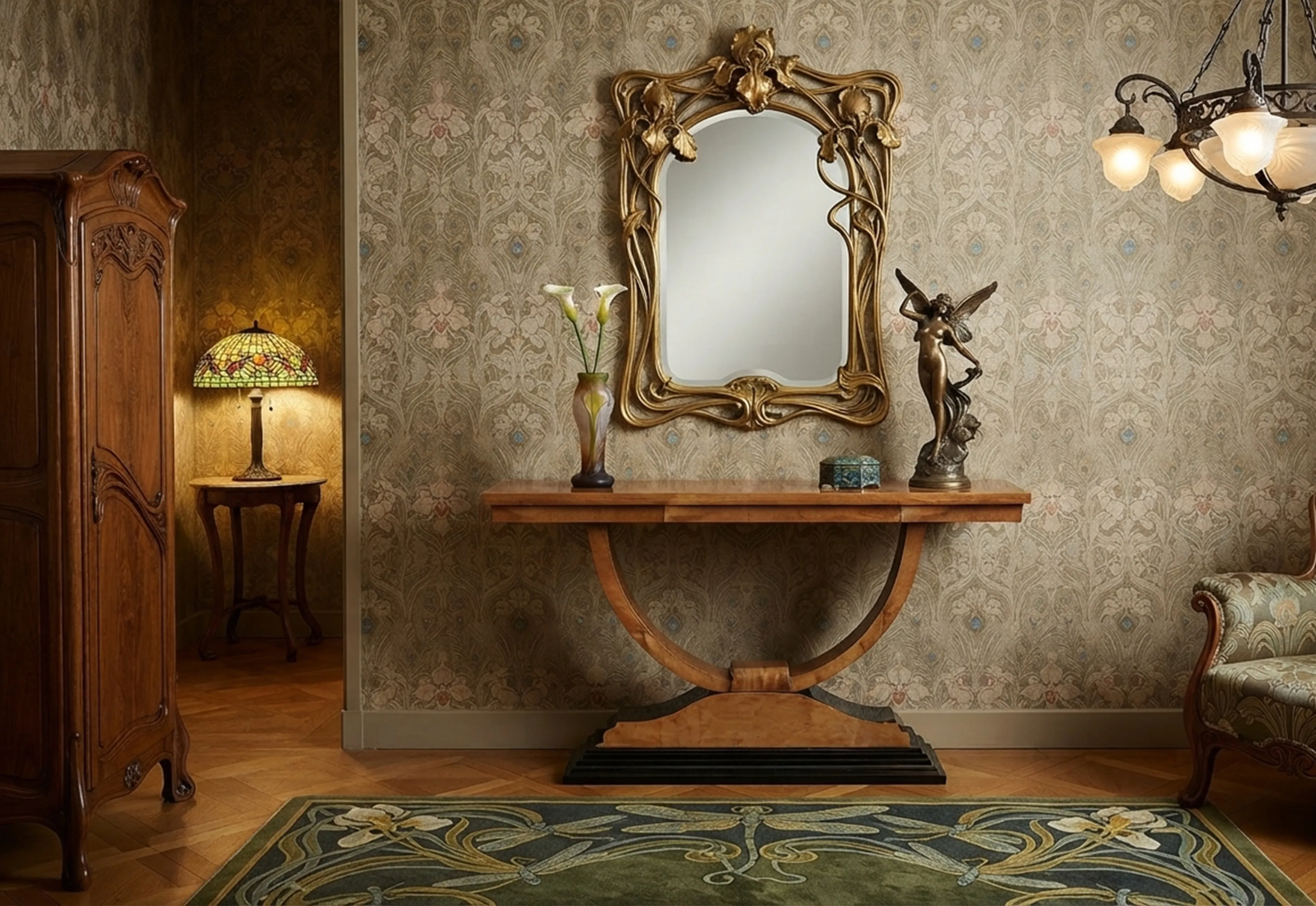 duas consoles antigas decoradas em um ambiente elegante