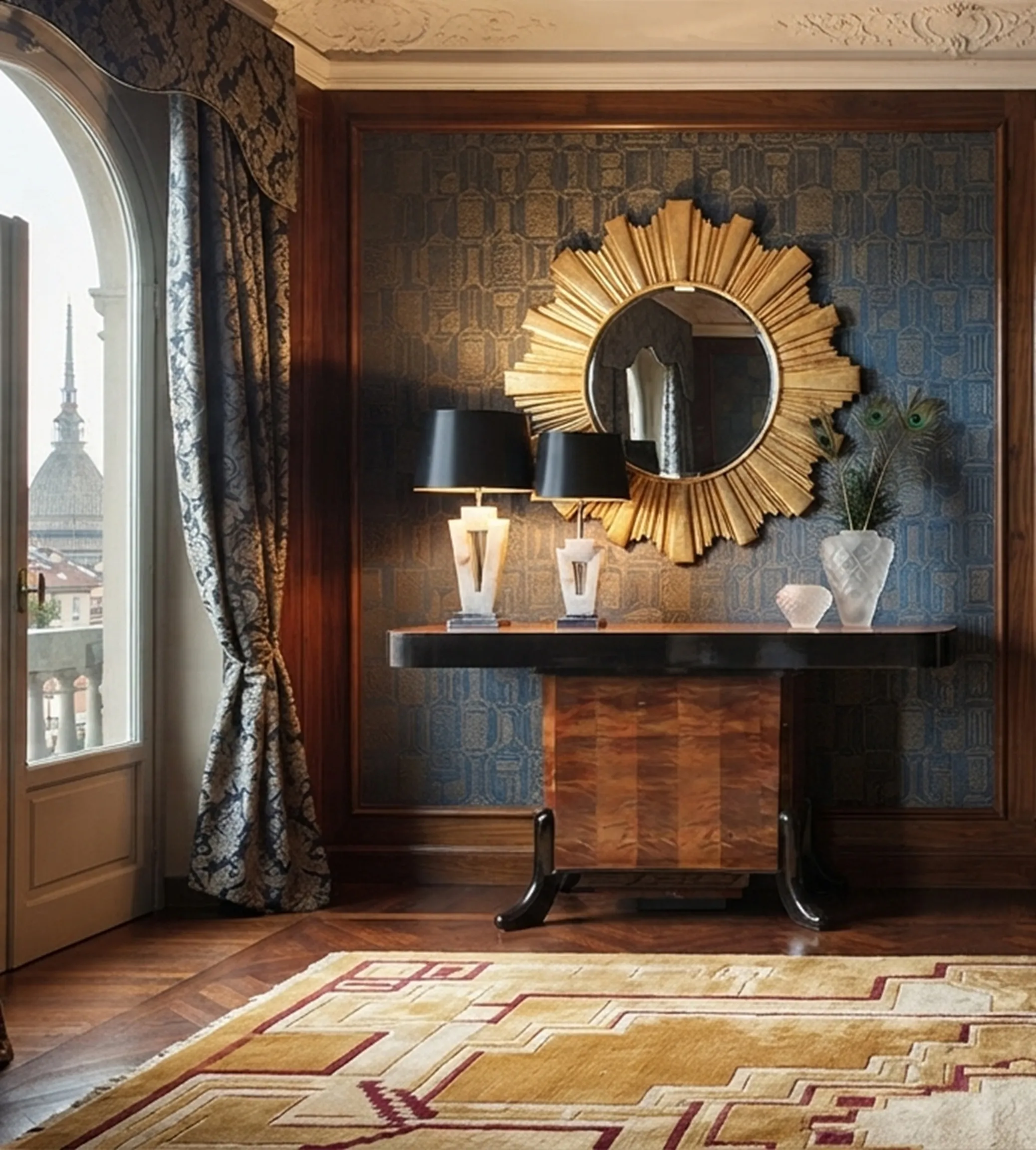 antique consoles with lamps in an elegant setting
