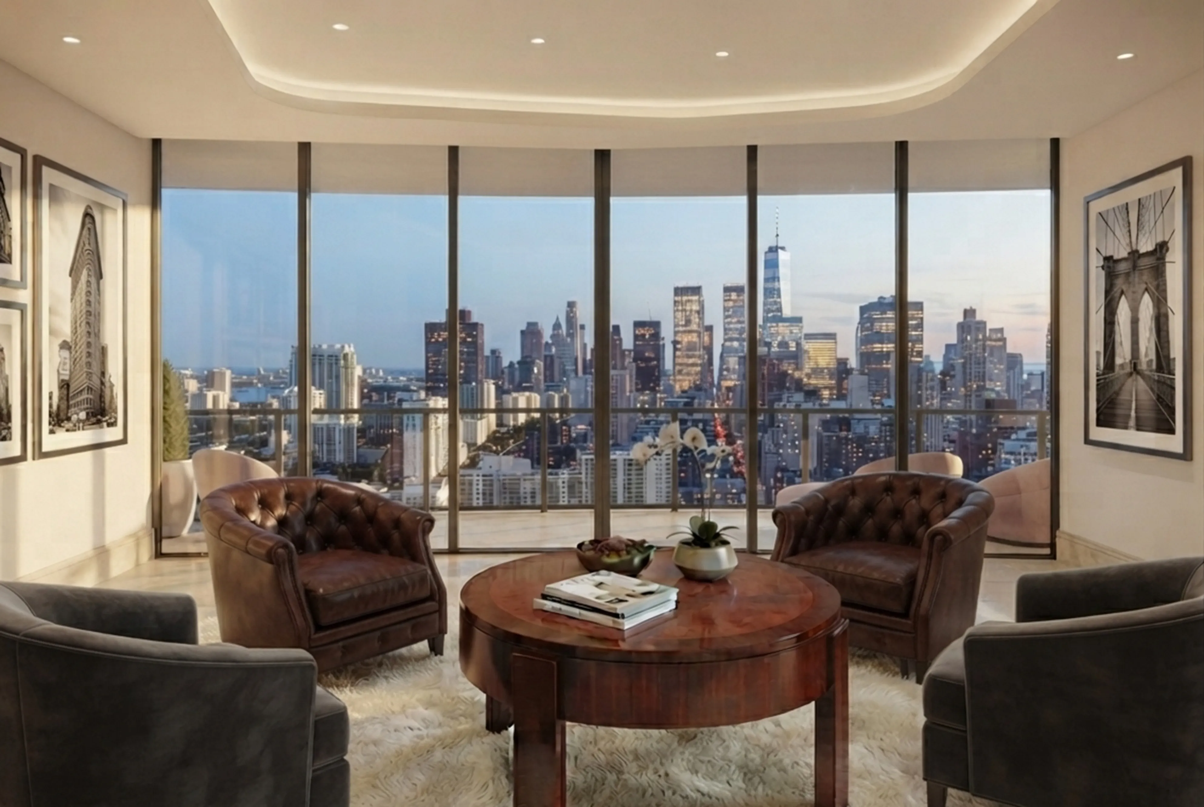 two antique coffee tables with city view