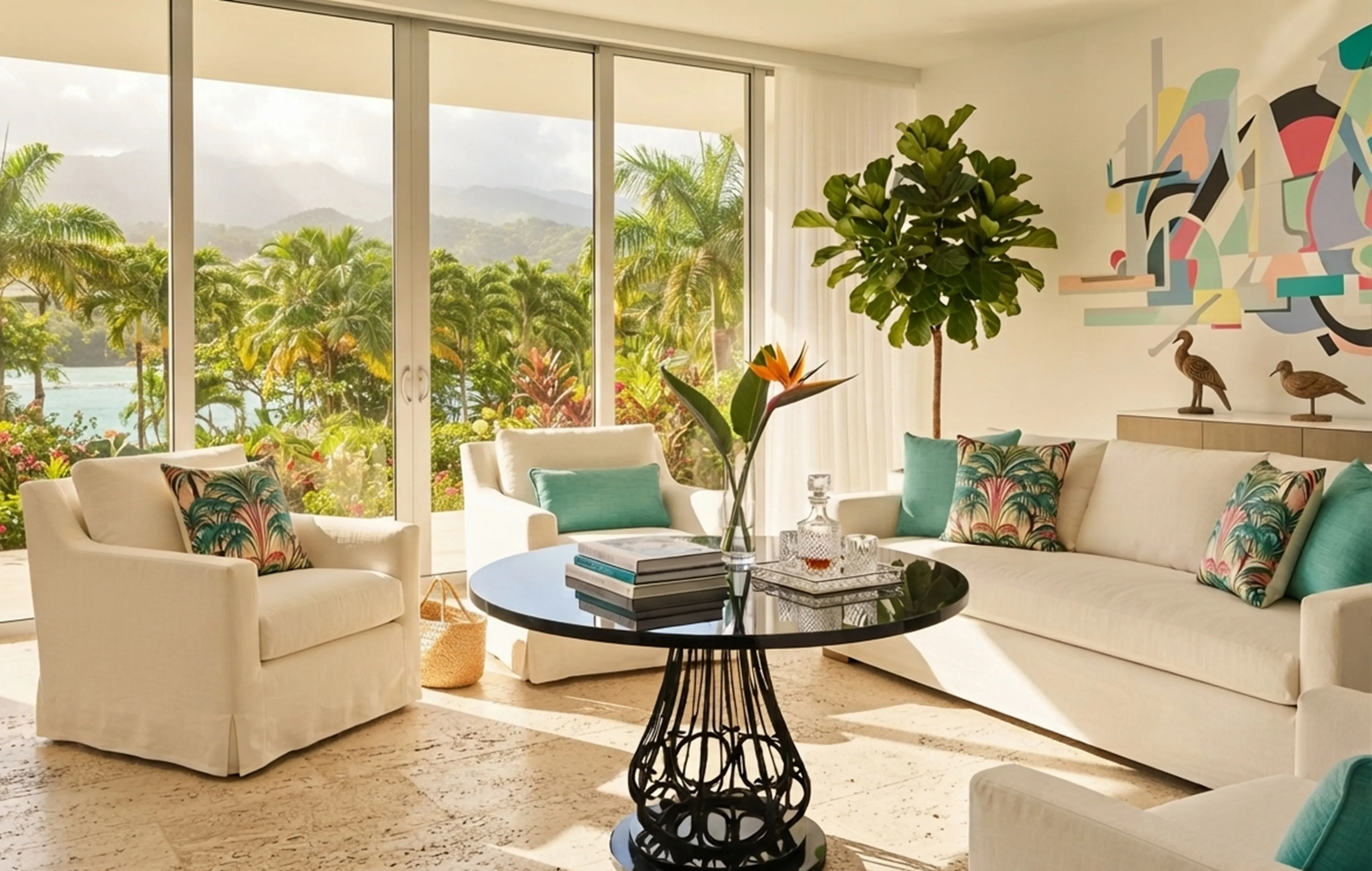 2 antique small tables in a bright living room with plants