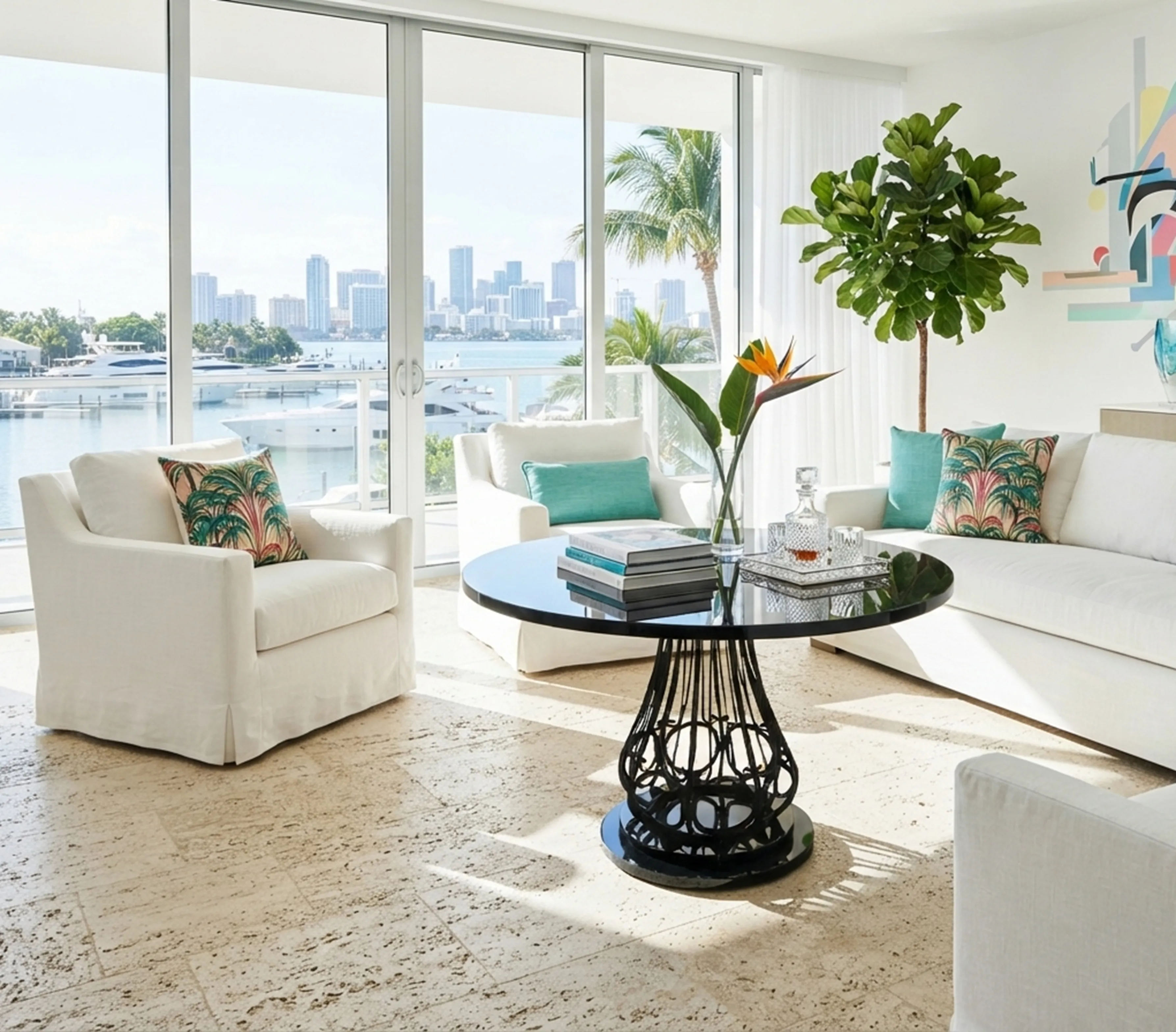 view of 2 antique small tables in a bright living room