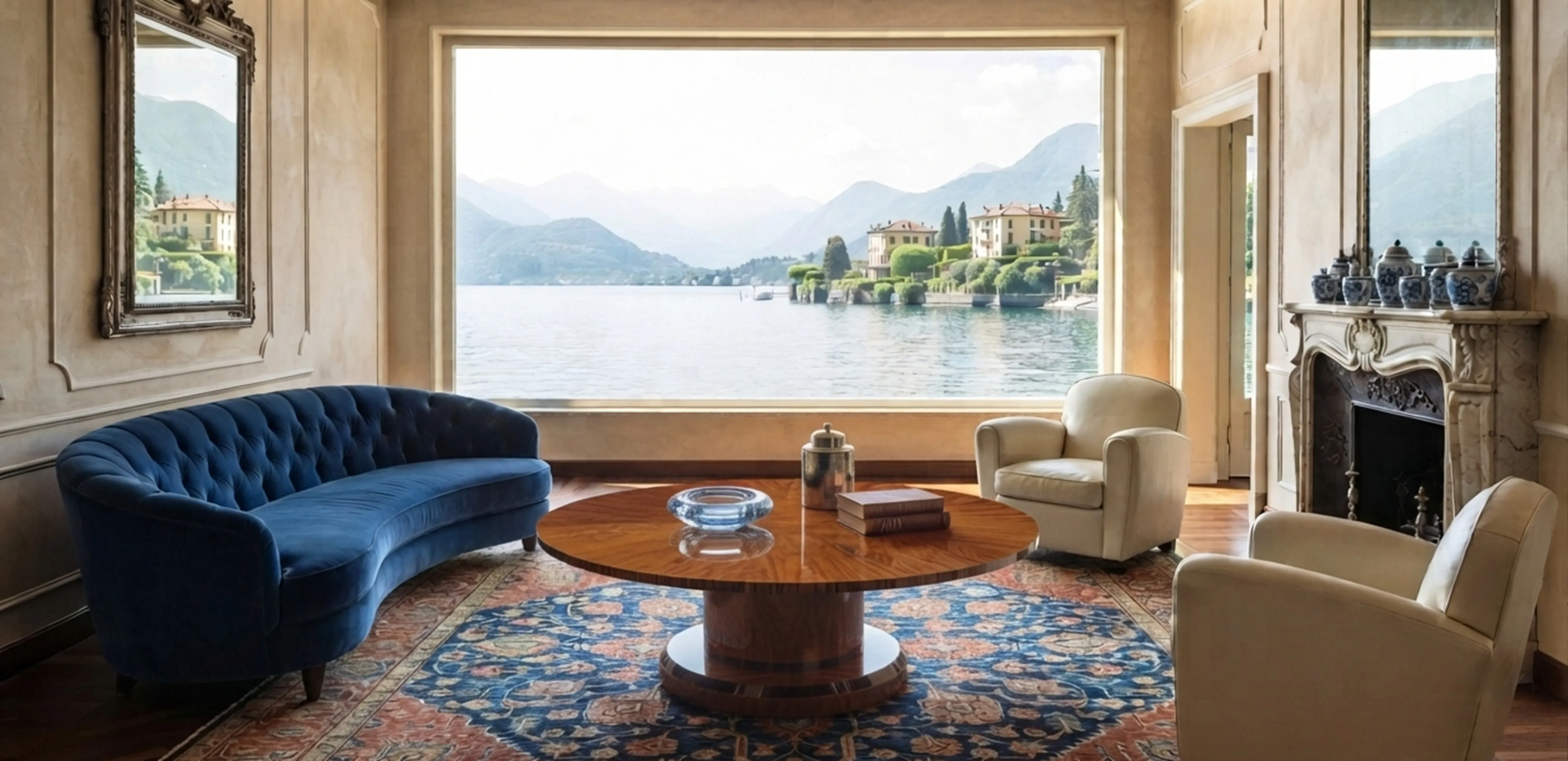 Due tavolini da caffè antichi in un salotto accogliente con vista sul lago.