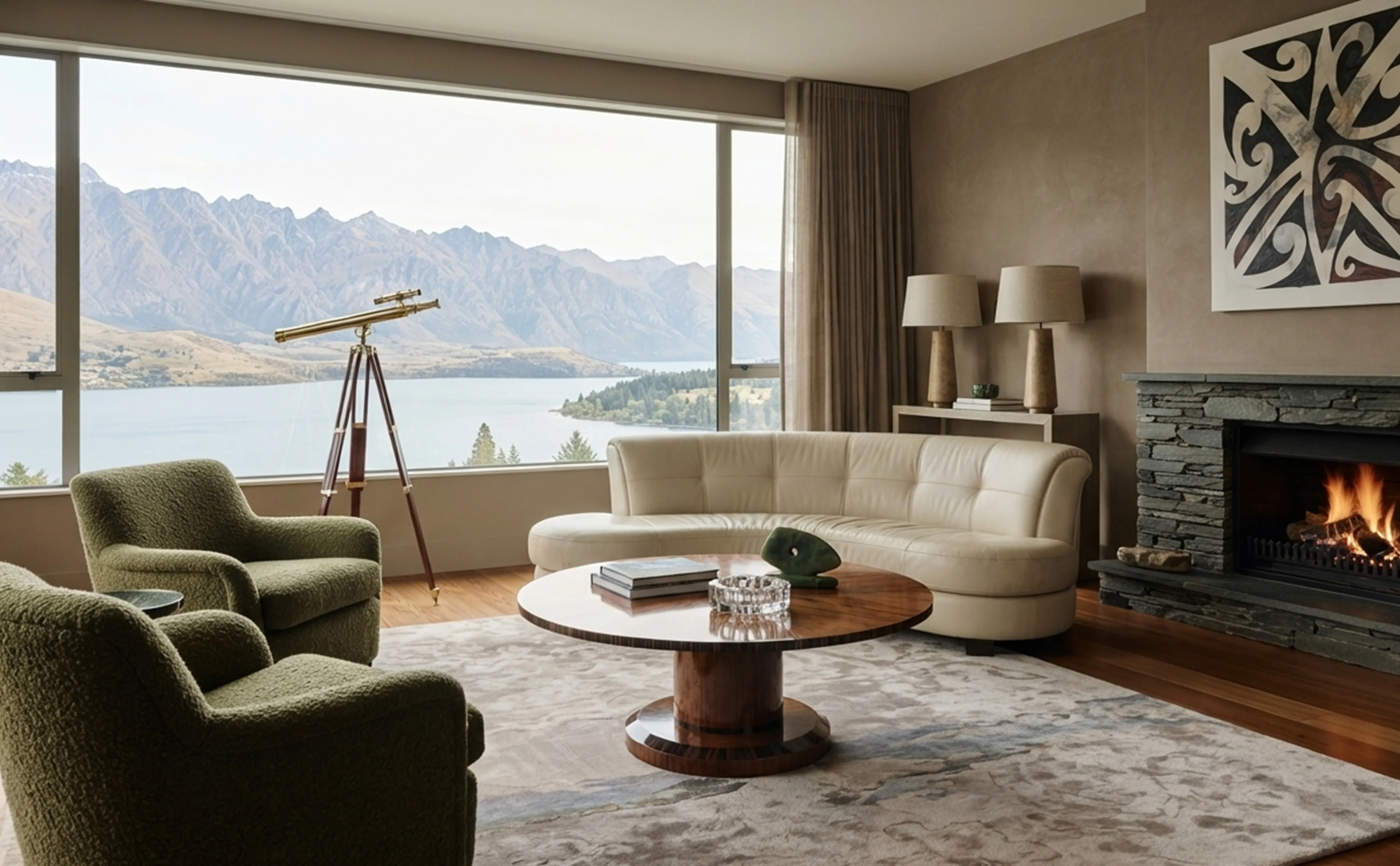 Two antique coffee tables in a cozy living room with a view.