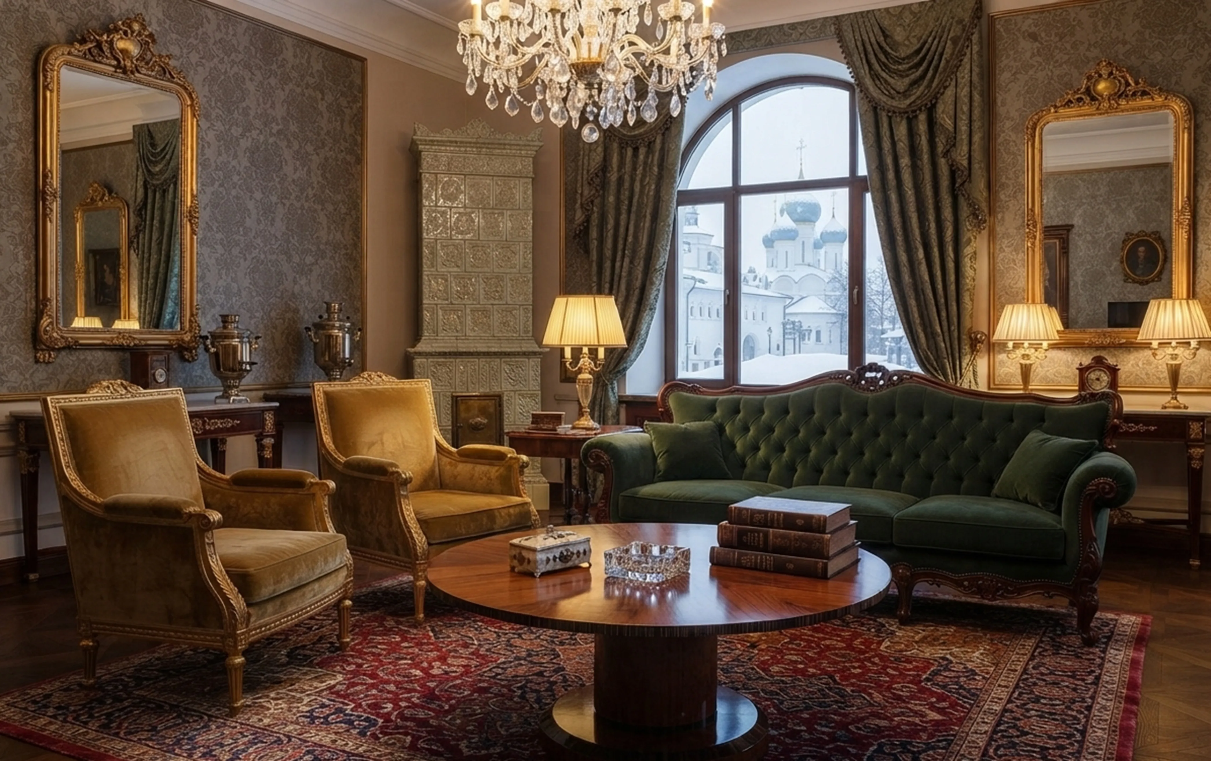 Zwei antike Couchtische in einem gut dekorierten Wohnzimmer mit eleganten Sofas und Lampen.