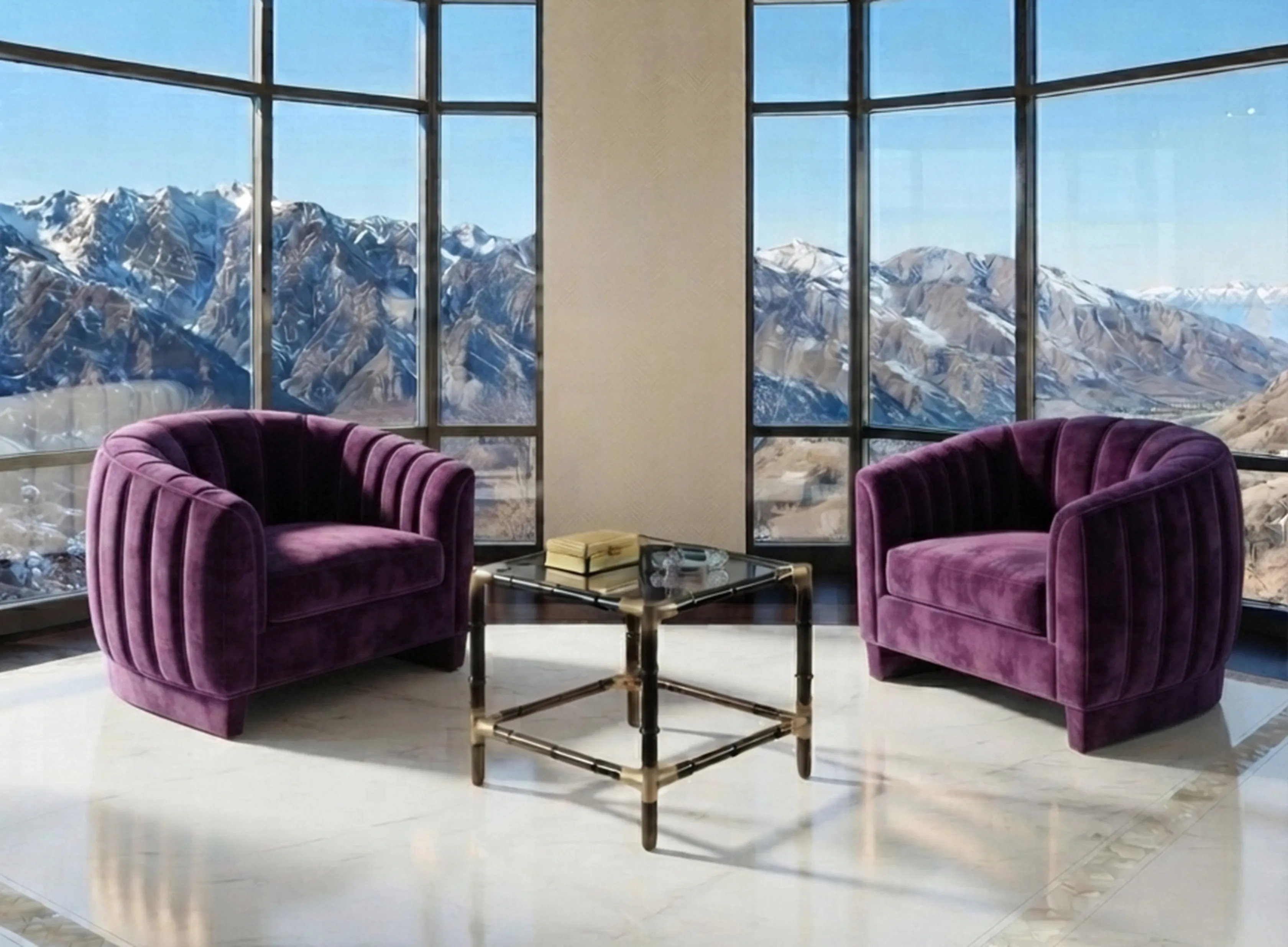 Deux fauteuils violets près d'une table basse avec vue sur les montagnes