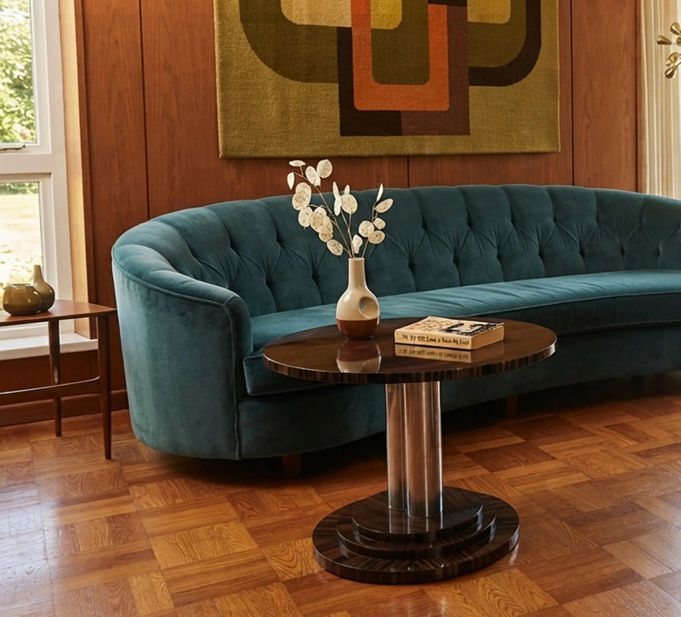 Antigua mesa ratona en un ambiente acogedor con sofá y decoración