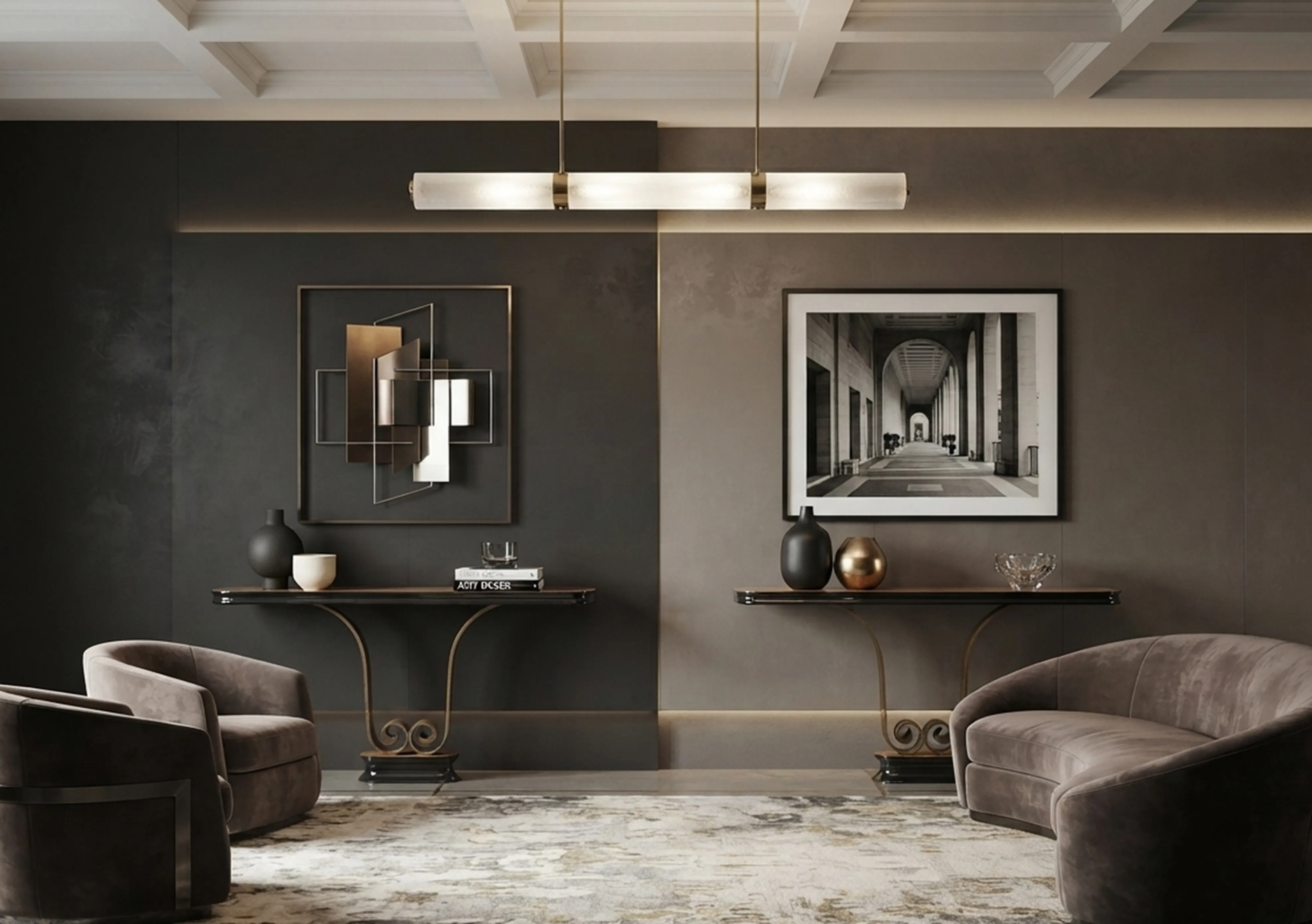 Two antique consoles in a stylish and modern setting.