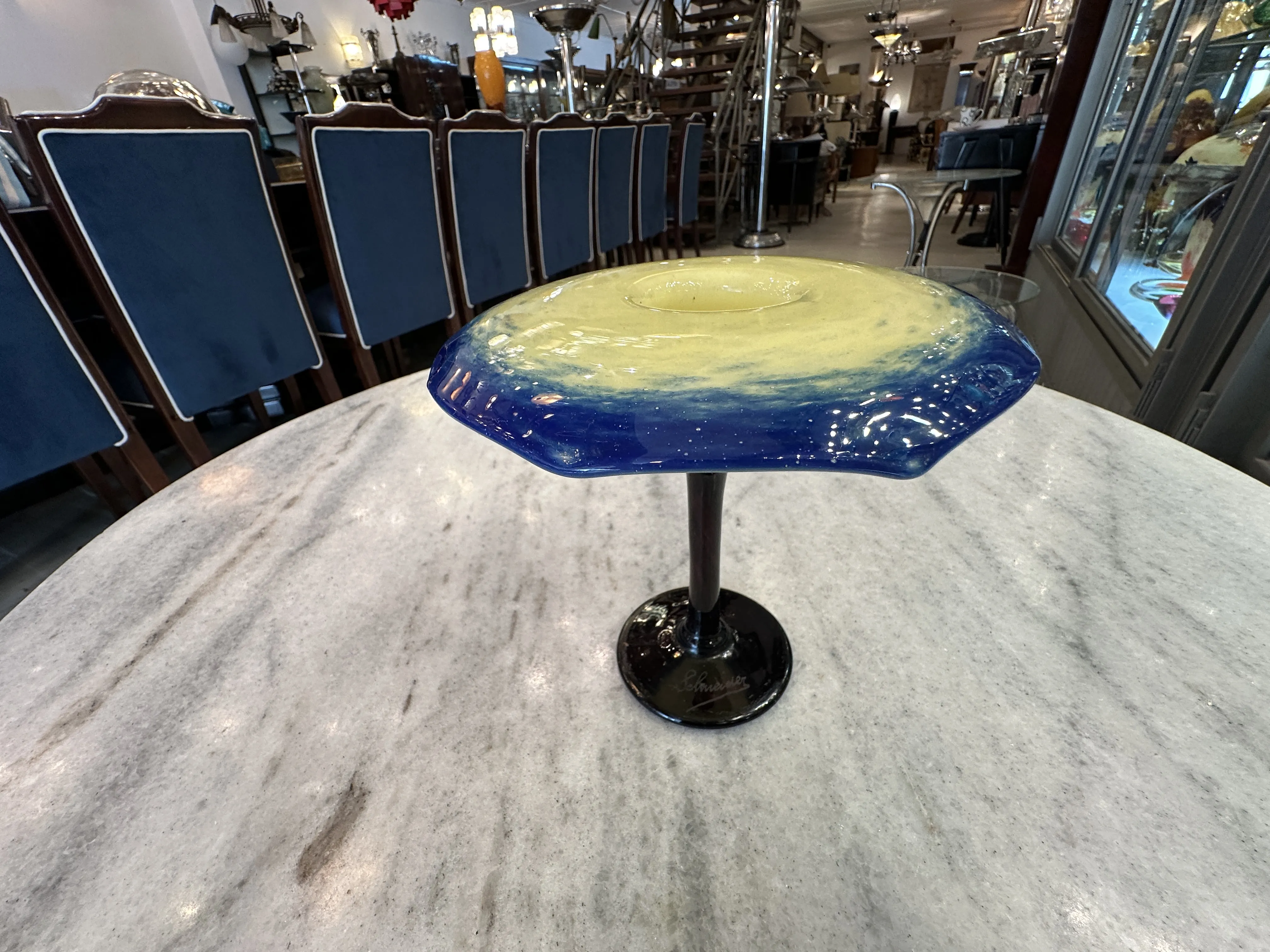 Exquisite antique signed glass by Schneider, blue and yellow.