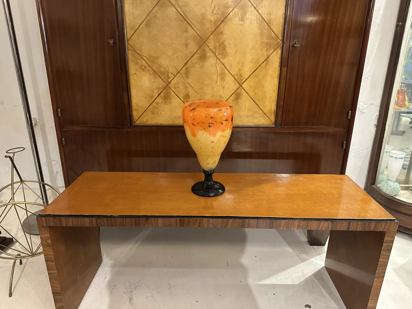 Orange-toned signed glass by Schneider, antique decorative item.