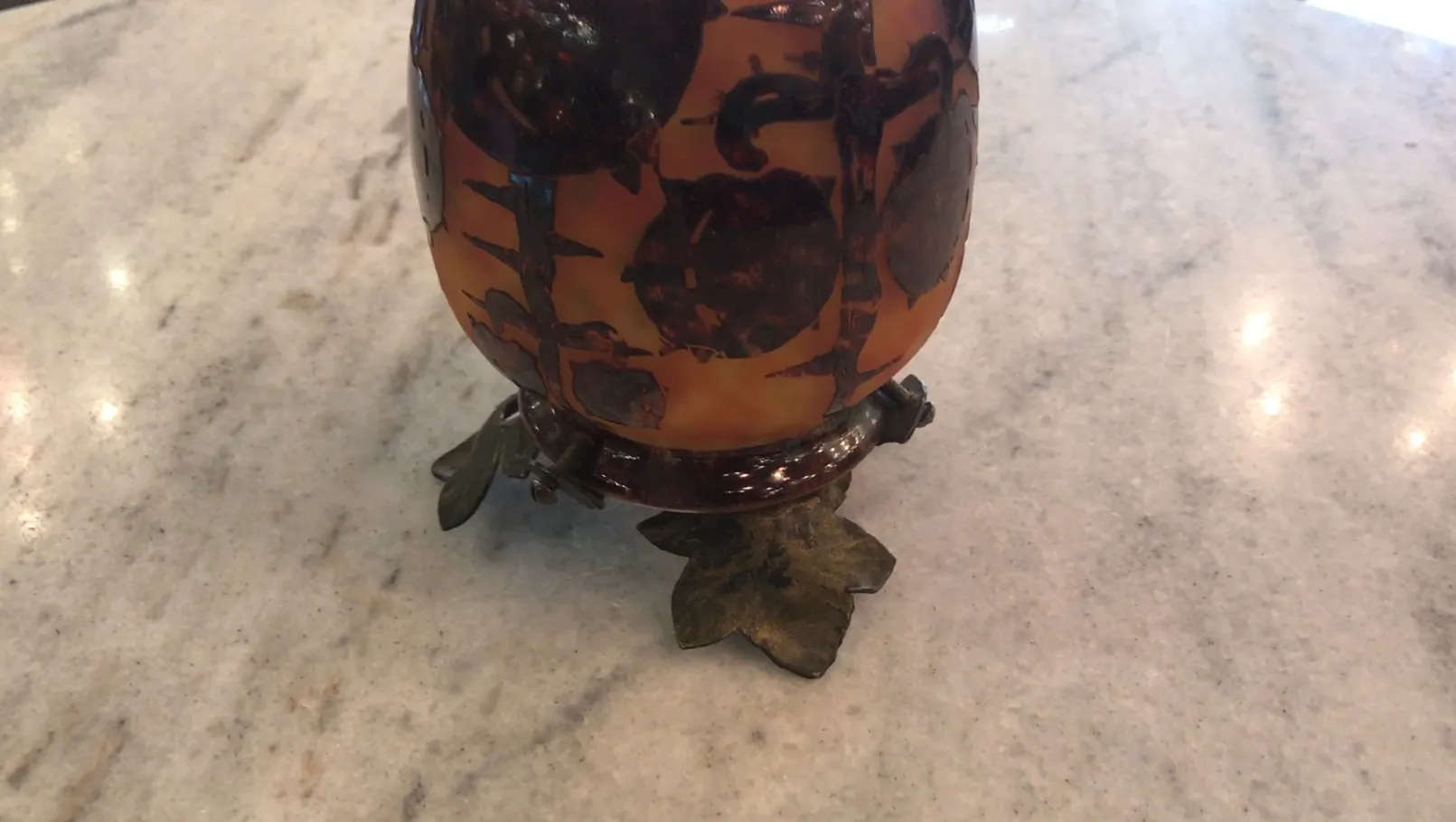 Signed glass Le Verre with antique French decor, decorative base