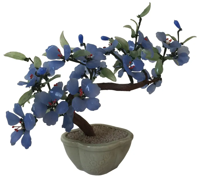 Antiker Bonsai mit blauen Blüten in einem hellen Topf.