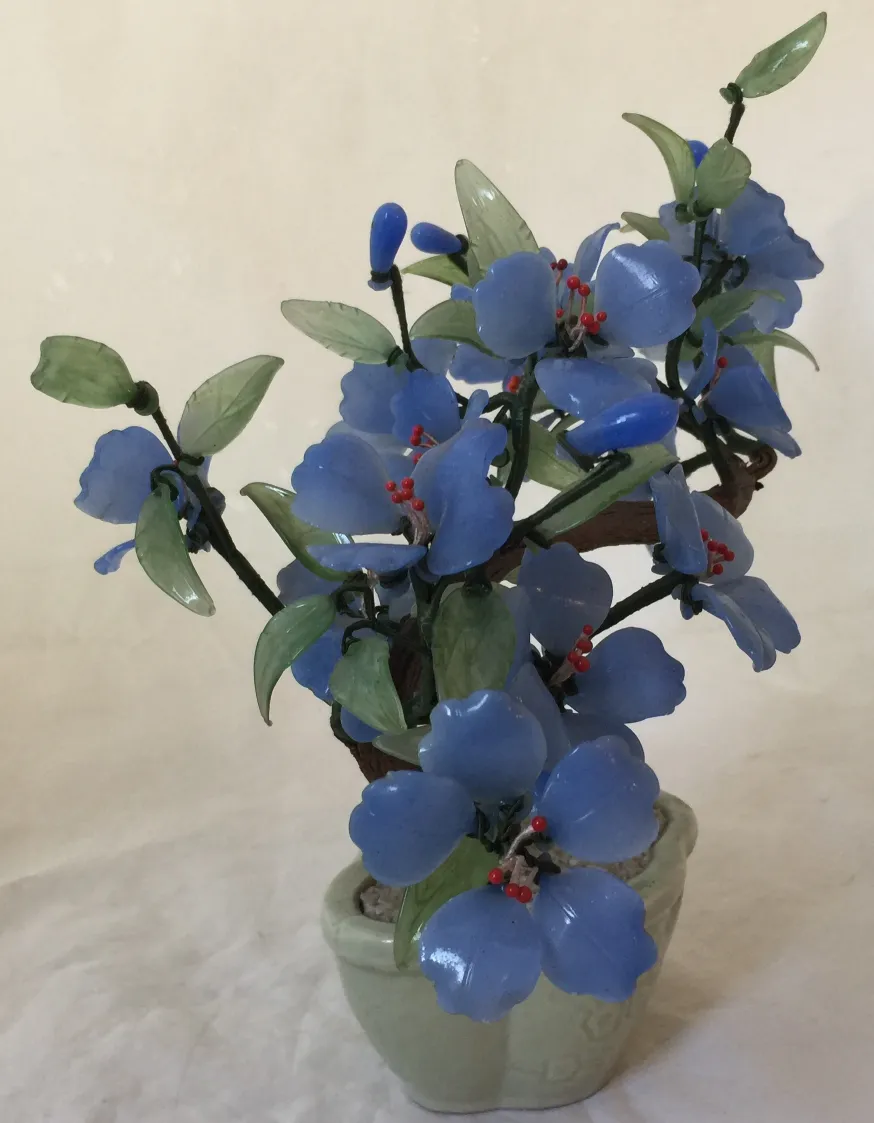 Bonsai ancien avec des fleurs bleues dans un pot vert