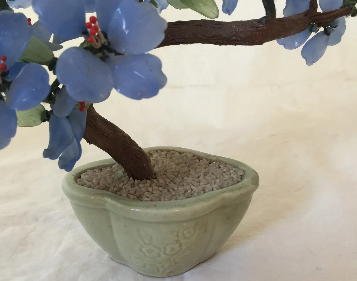 Bonsai antico con fiori blu e base grigia. Atmosfera serena.