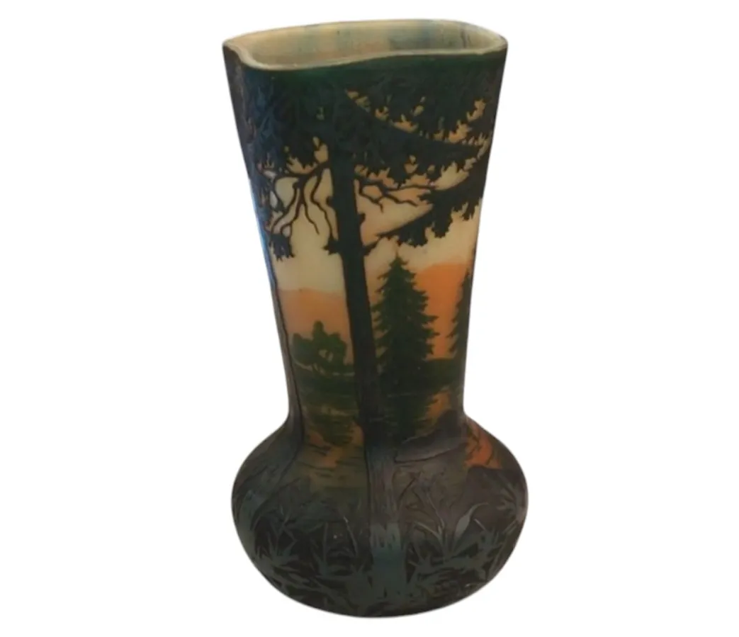 Antique signed vase by Daum Nancy featuring nature landscapes