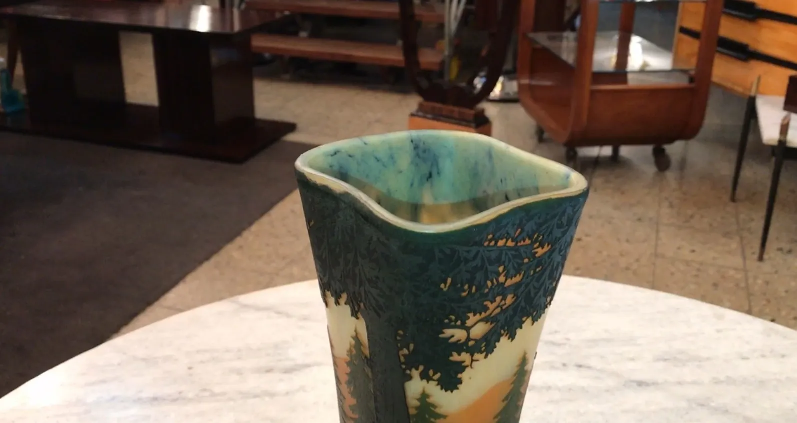 Antique signed vase by Daum Nancy featuring nature landscapes