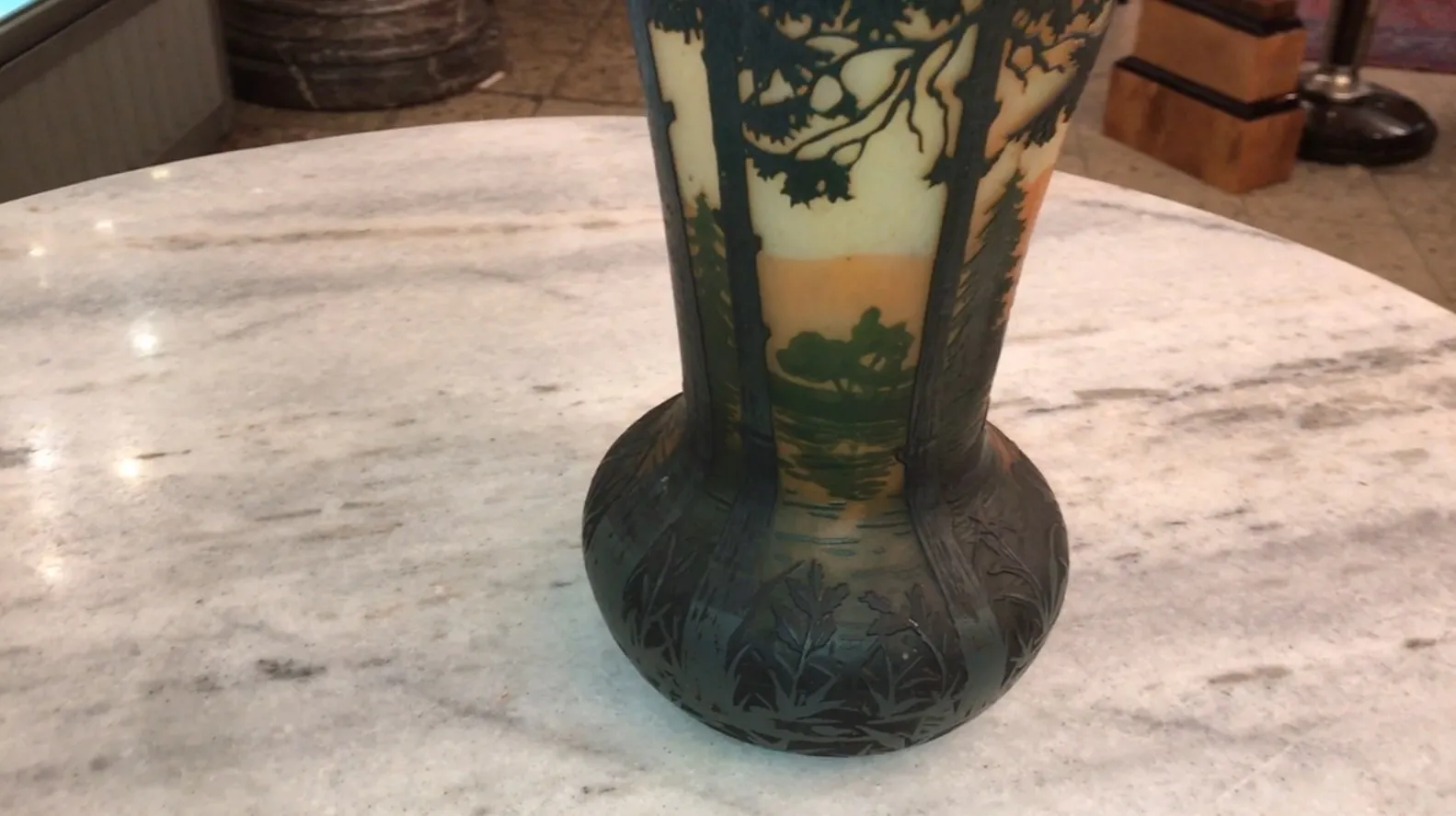 Antique signed vase by Daum Nancy featuring nature landscapes