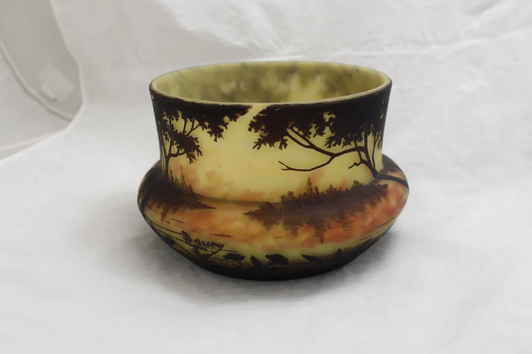 Ancien verre signé par Daum Nancy avec un paysage décoratif de la nature.