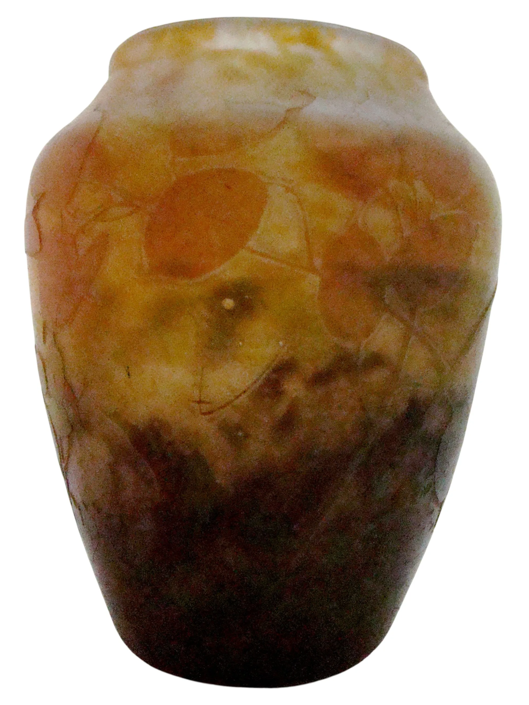 Vase aux couleurs chaudes, délicates gravures florales
