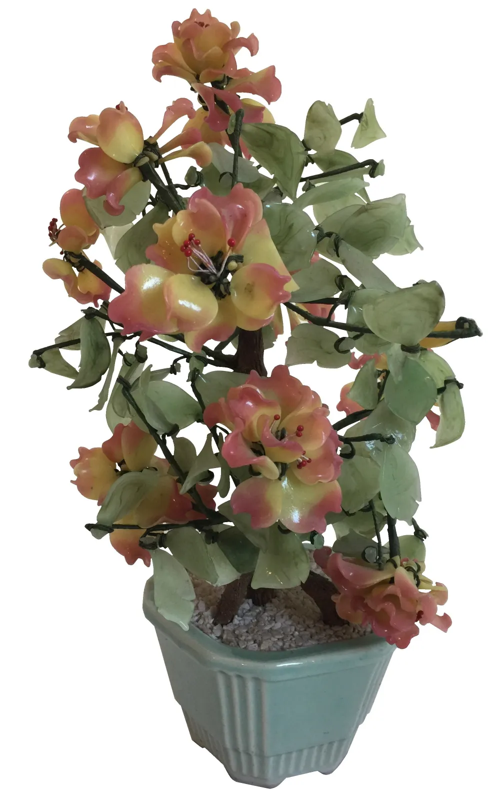Antiker Bonsai mit gelben und rosa Blumen