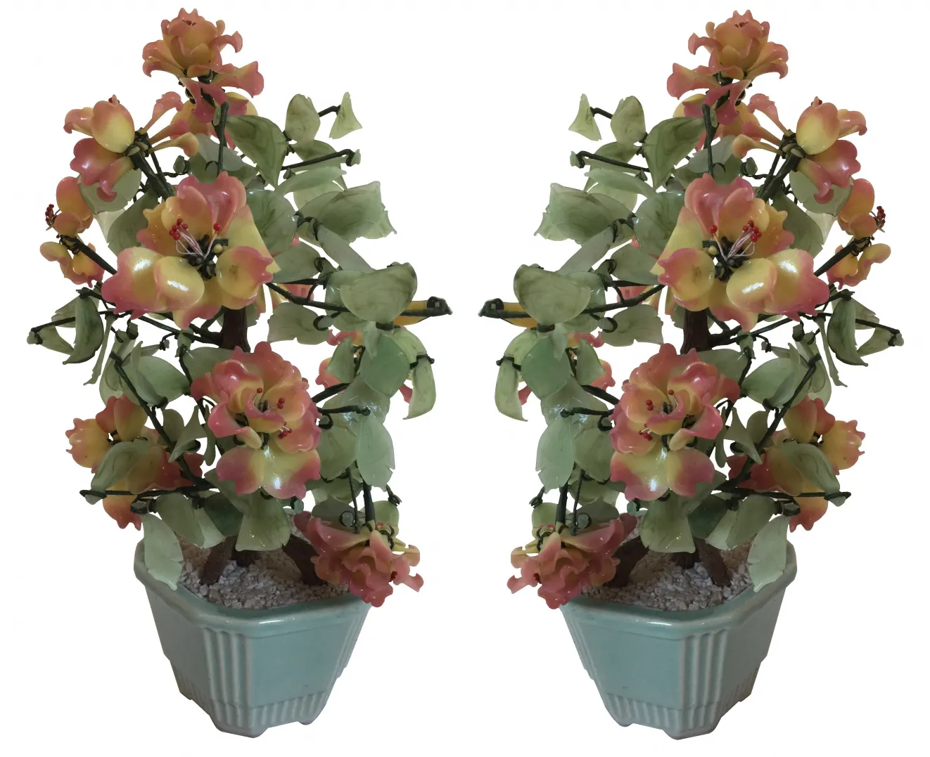 Antique bonsai with pink and yellow flowers