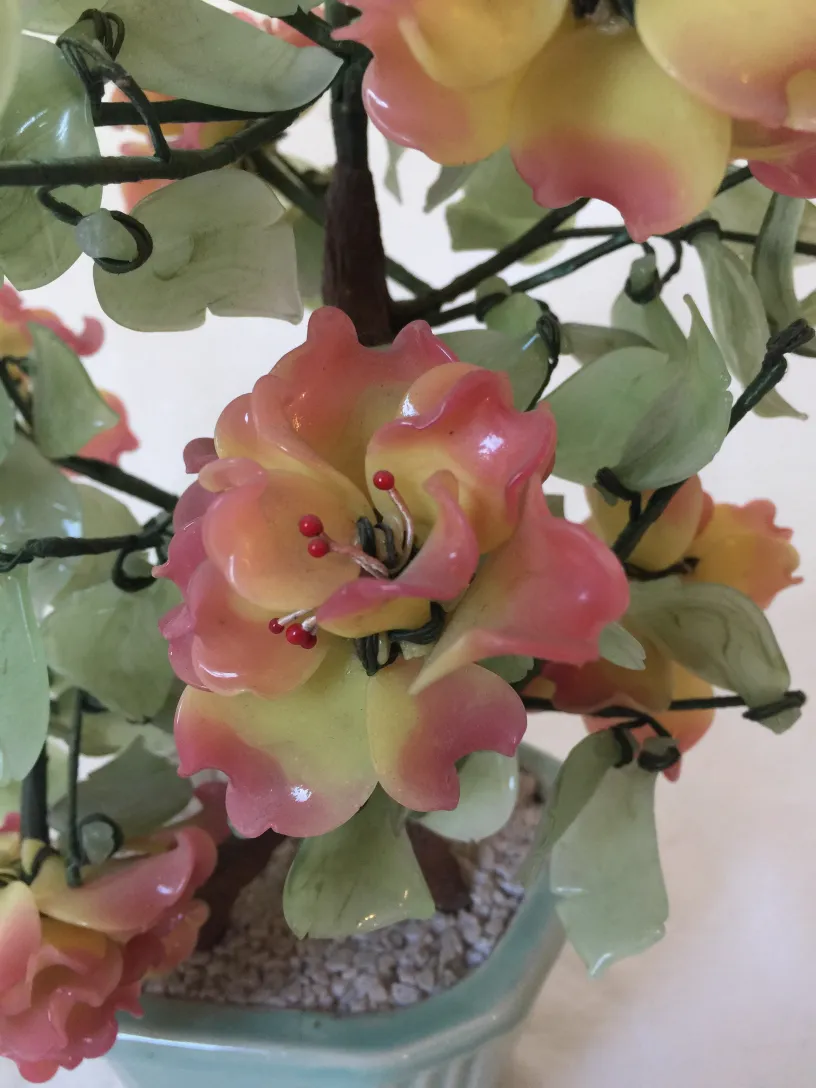 Bonsai antico con fiori dai colori tenui e foglie verdi.