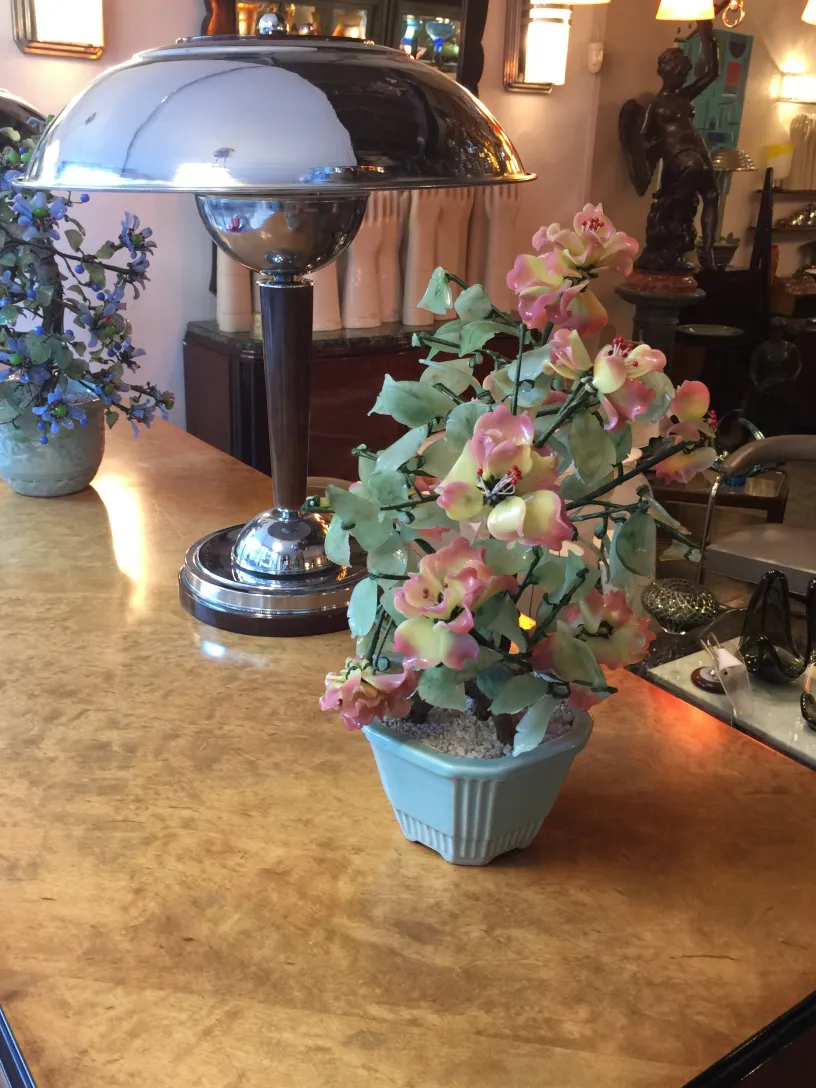 Bonsai antico in un vaso decorativo con foglie e fiori verdi chiari