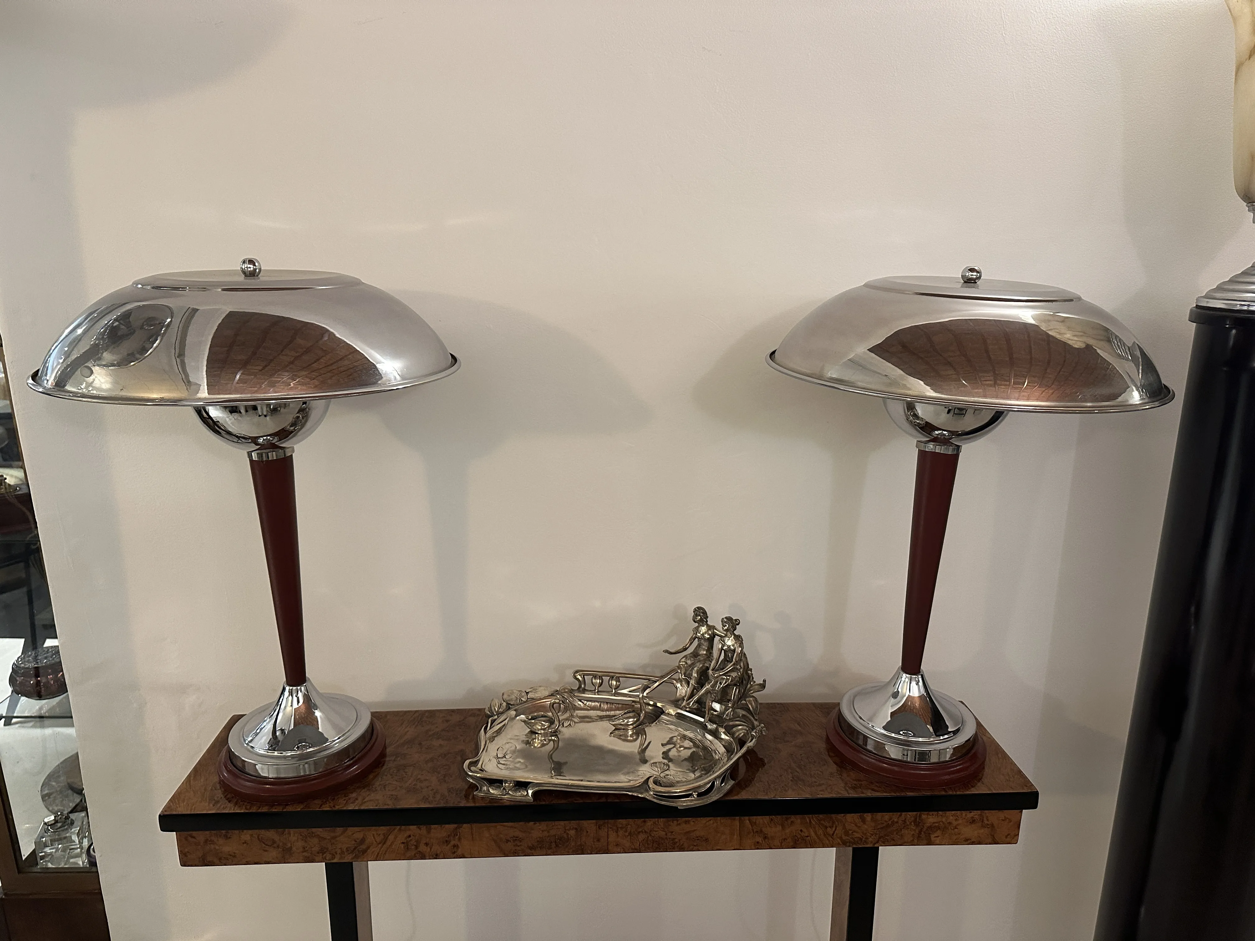 antique card tray WMF next to decorative lamps