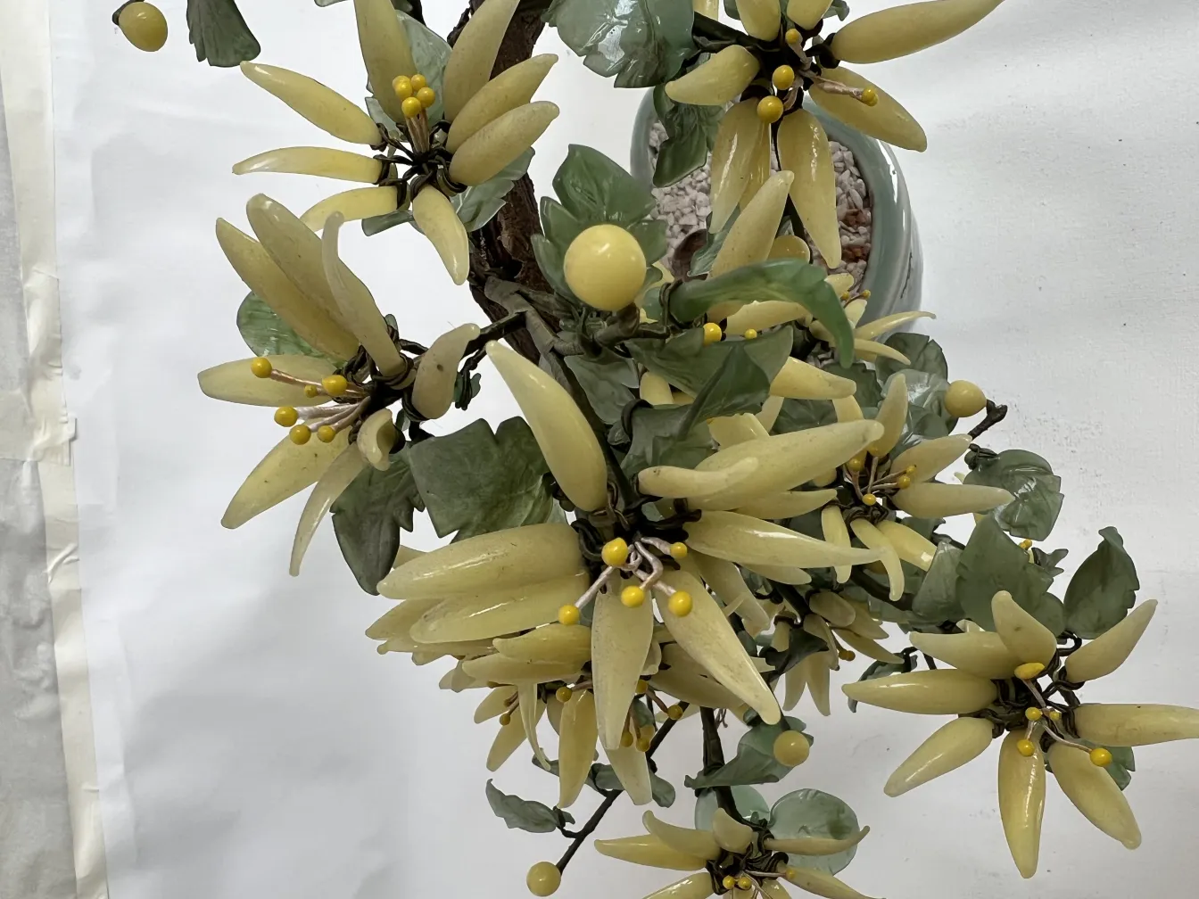 Bonsai antigo com flores amarelas e folhas verdes.