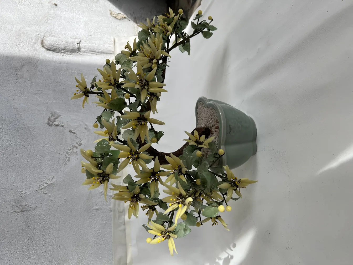 Bonsai antico con fiori gialli in vaso verde.