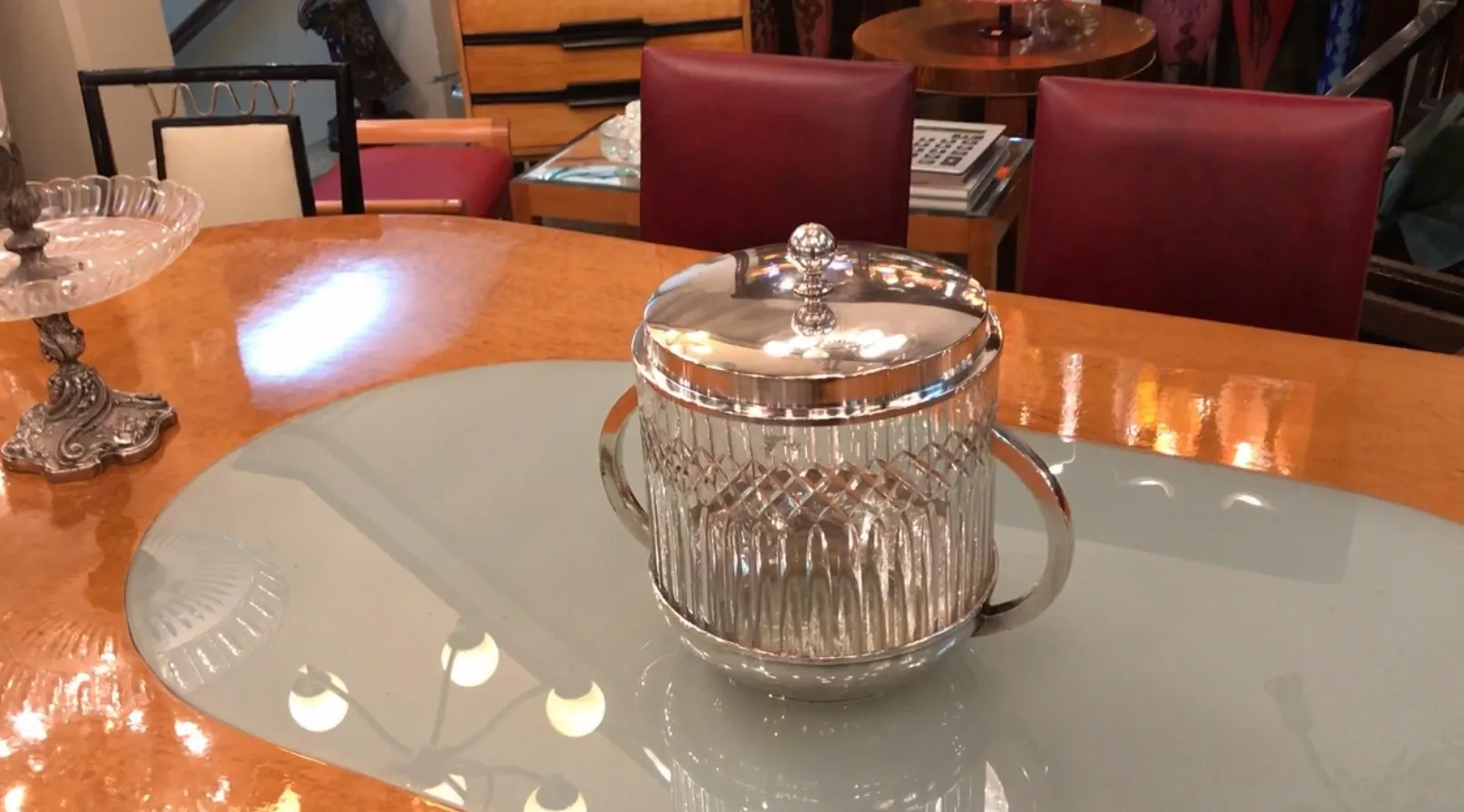 Antique WMF punch bowl with lid, featuring elegant diamond patterns.