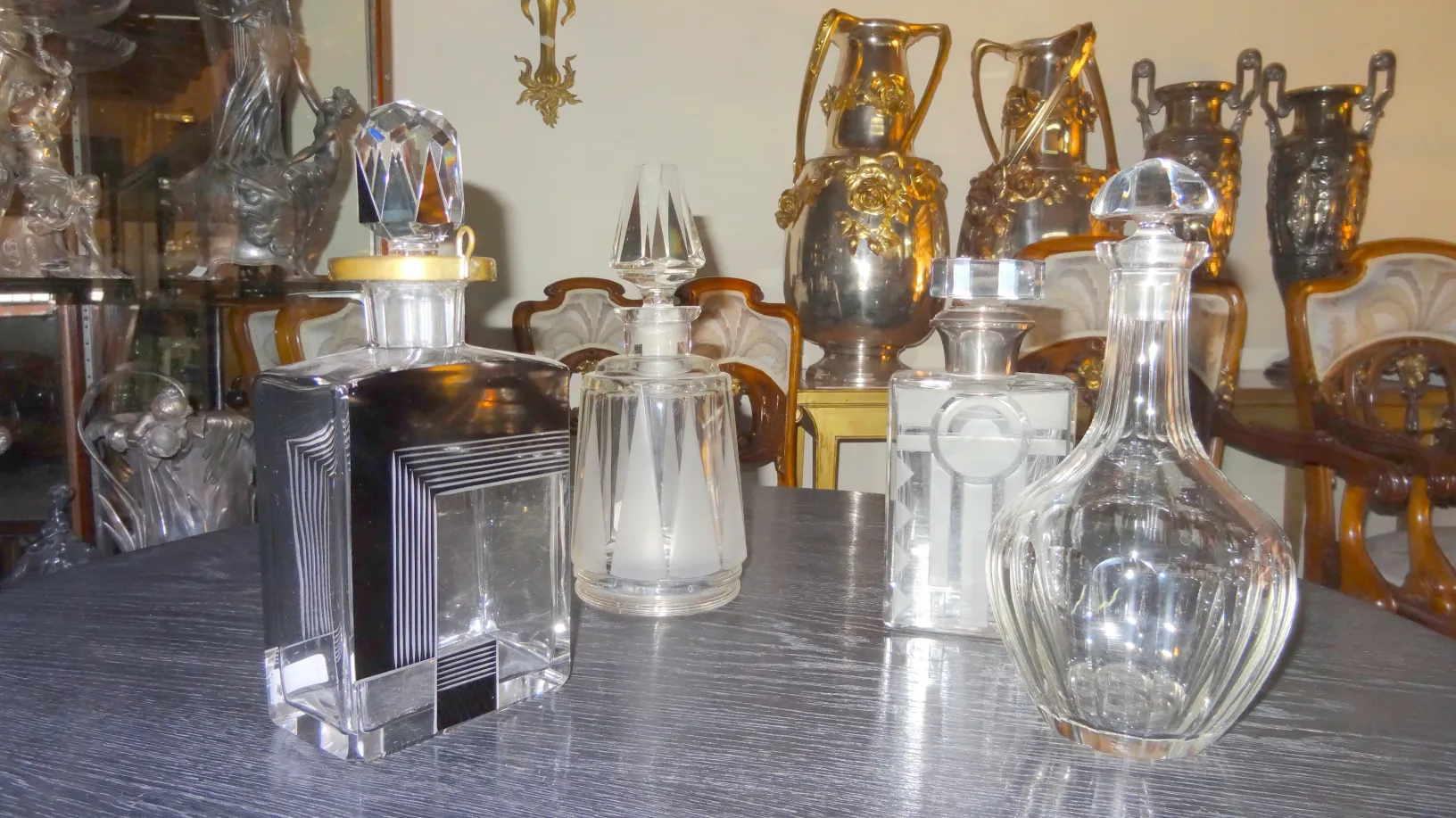 antique glass bottles on a table