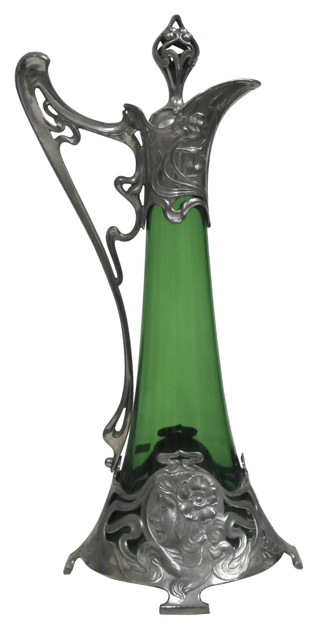 2 jarras wmf antiguas con detalle ornamental y cristal verde