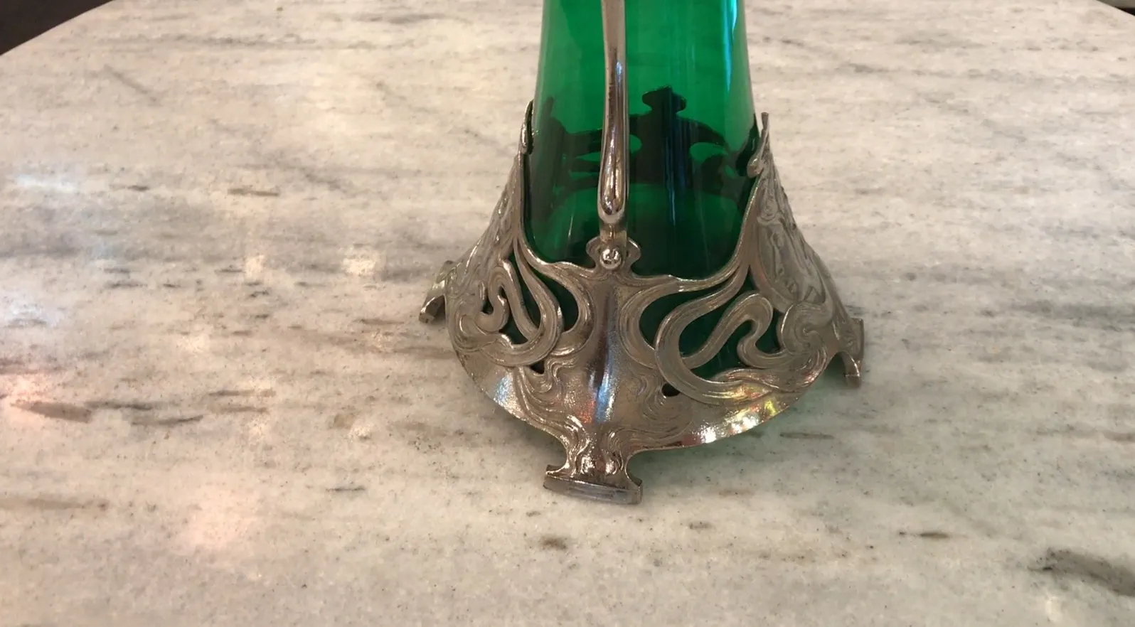 2 antique wmf jars with ornamental detail and green glass