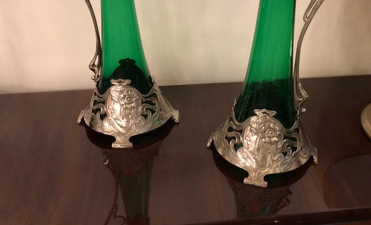 2 antique wmf jars with ornamental detail and green glass