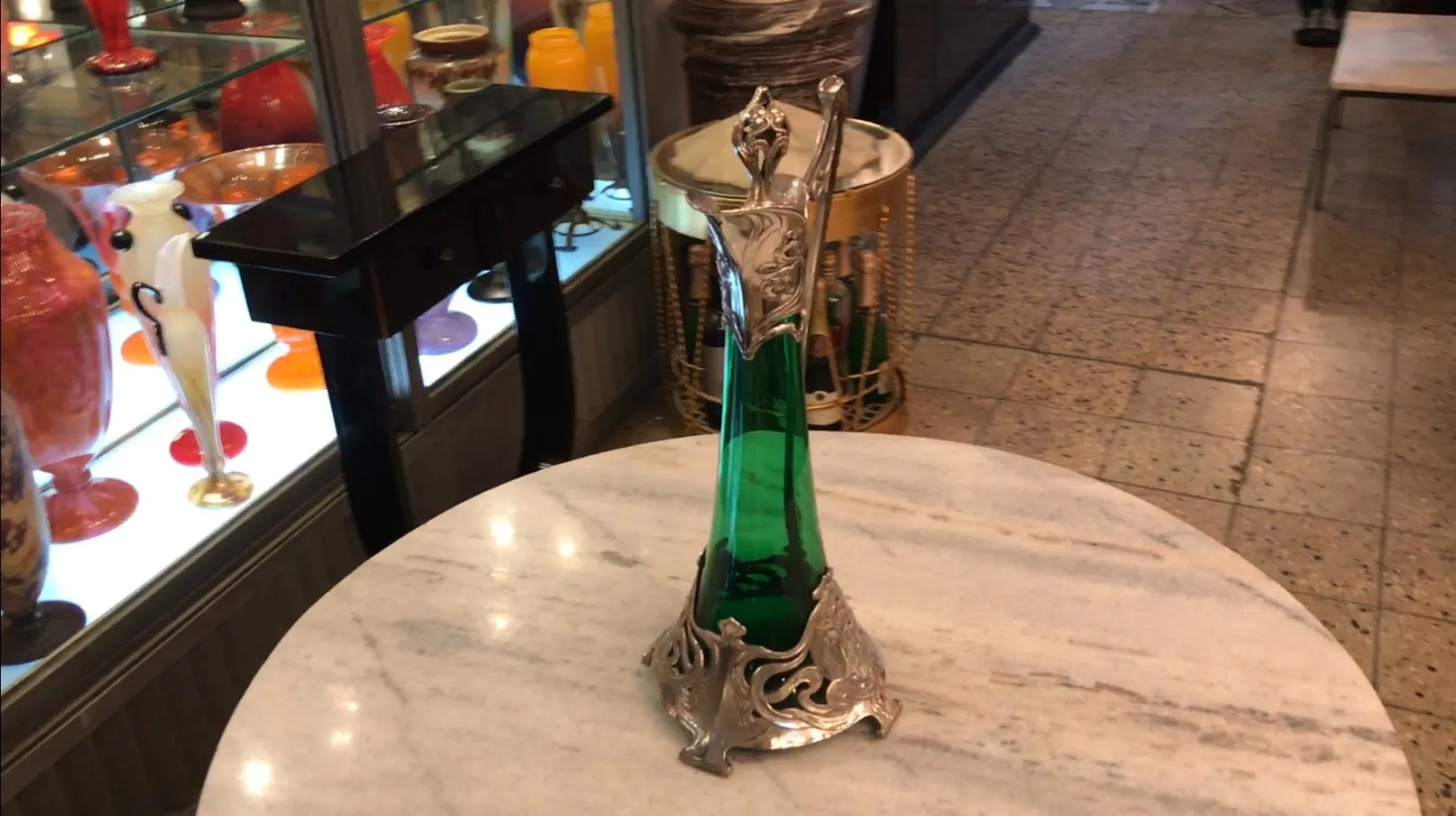 2 antique wmf jars with ornamental detail and green glass
