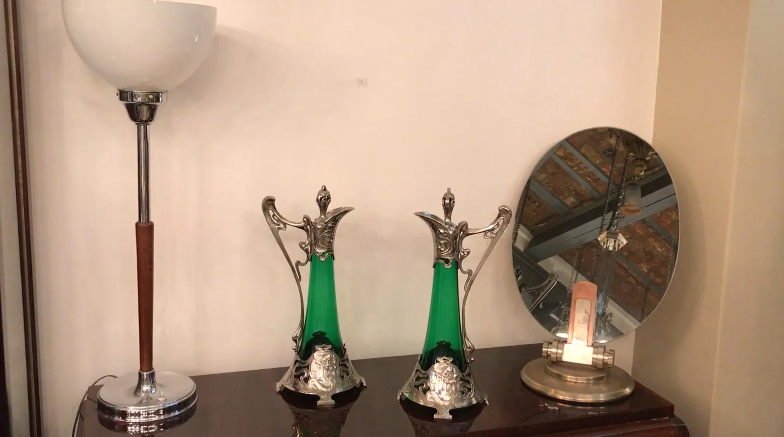 2 antique wmf jars with ornamental detail and green glass