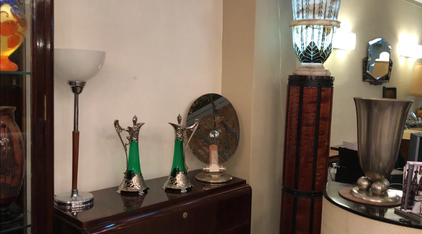 2 antique wmf jars with ornamental detail and green glass
