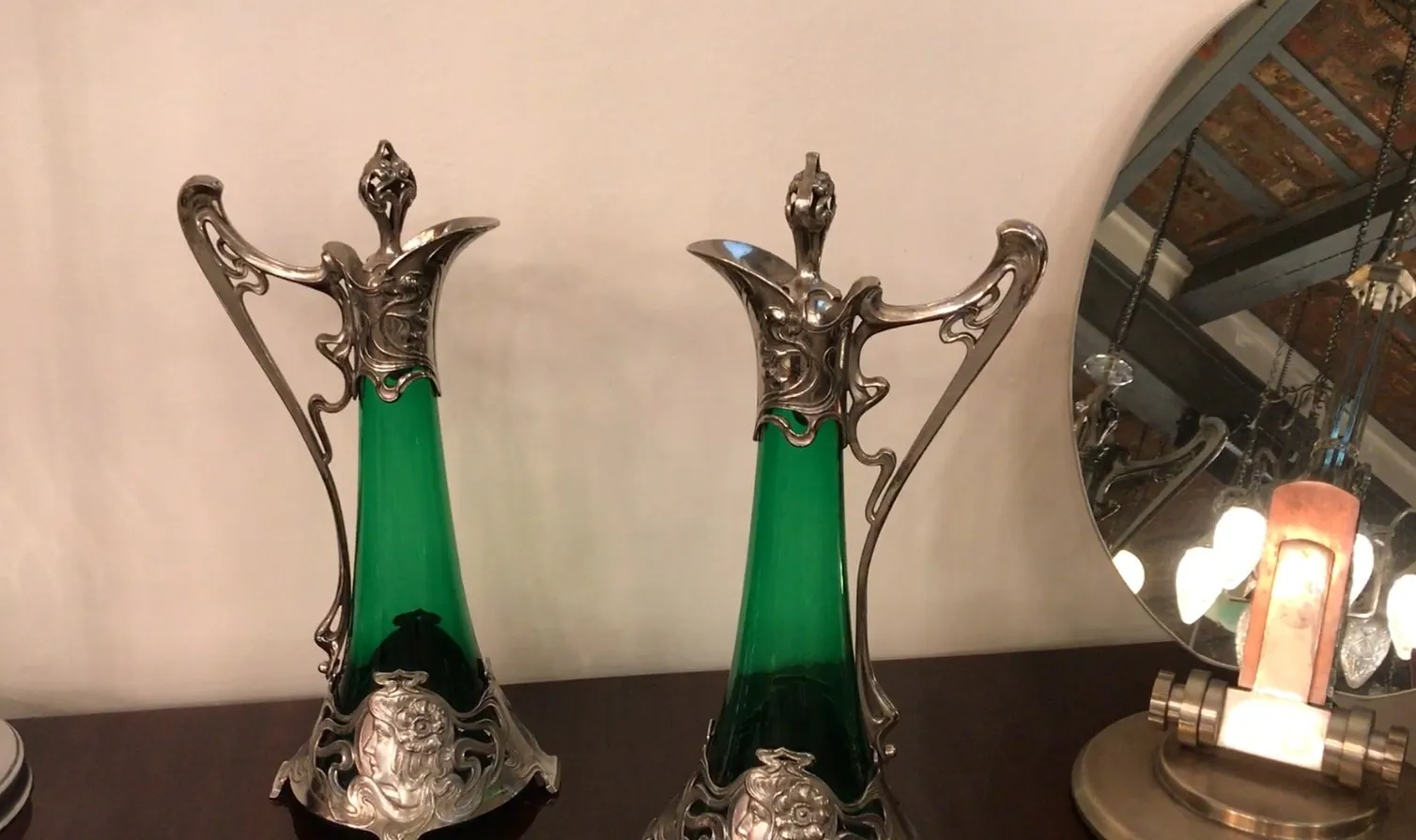 2 antique wmf jars with ornamental detail and green glass