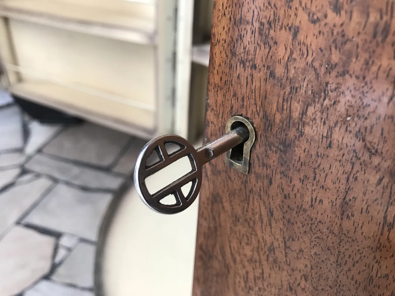 Primer plano de una llave en un mueble bar antiguo de madera.