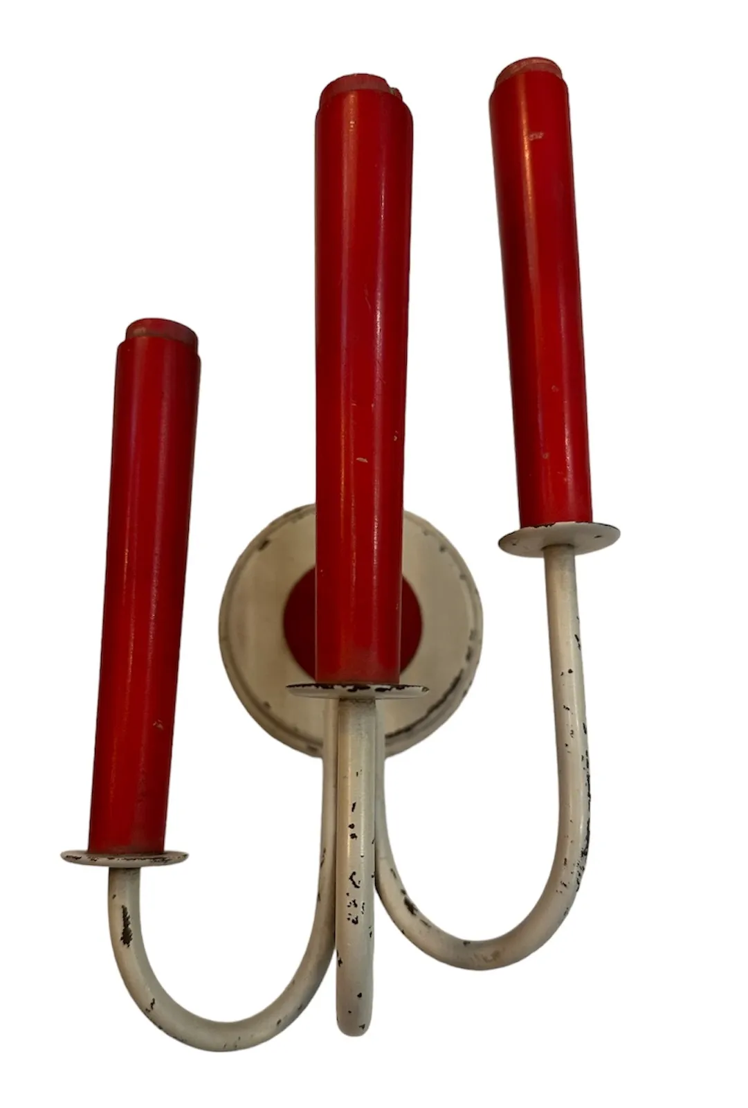 antique wall sconces with red bulbs and curved design