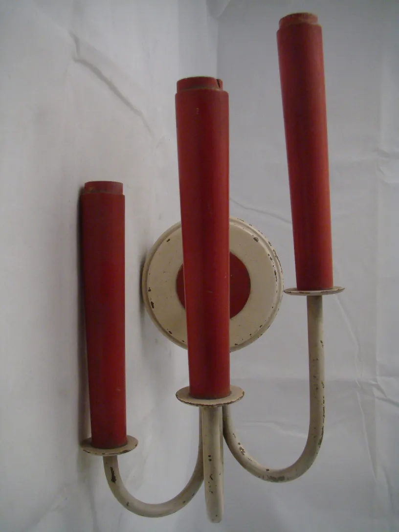 Antique Jean royère sconces with tubular red design and round details