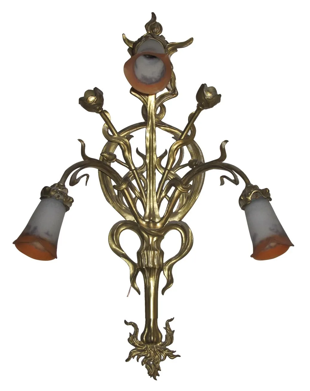 Antigo par de luminárias de parede com formato de flores, luz suave.