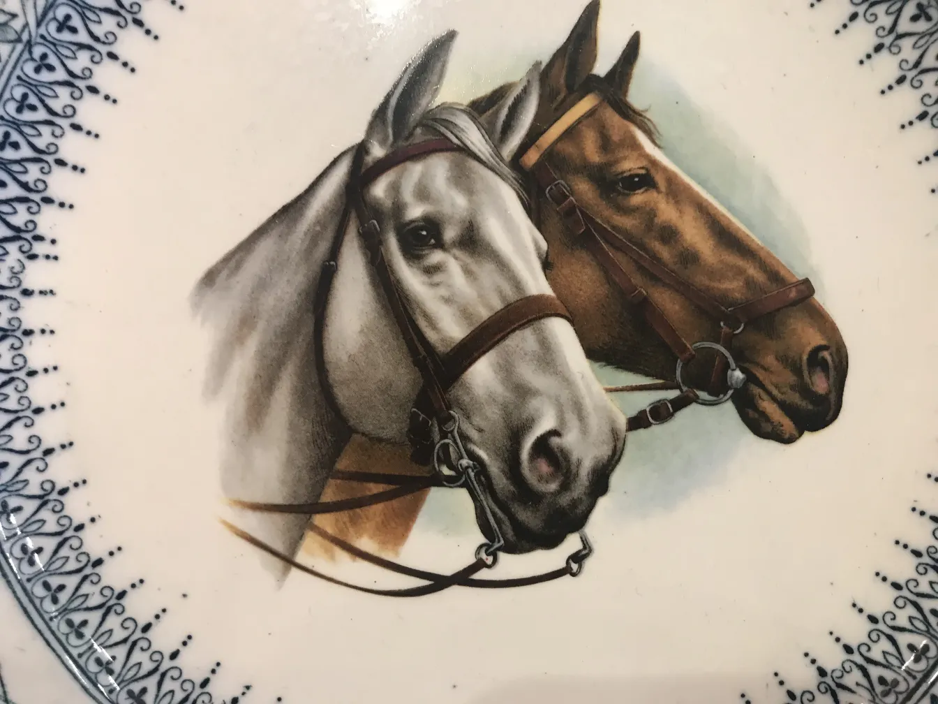 Antique ceramic plate featuring horse images