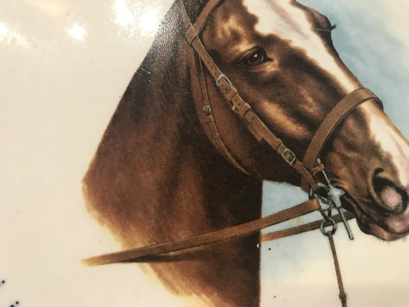 Antique ceramic featuring a horse image in brown and white tones, realistic details.