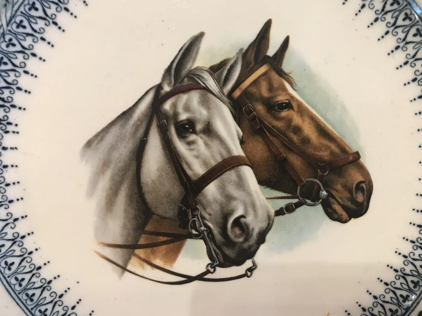 Plato de cerámica antigua con imágenes de caballos.
