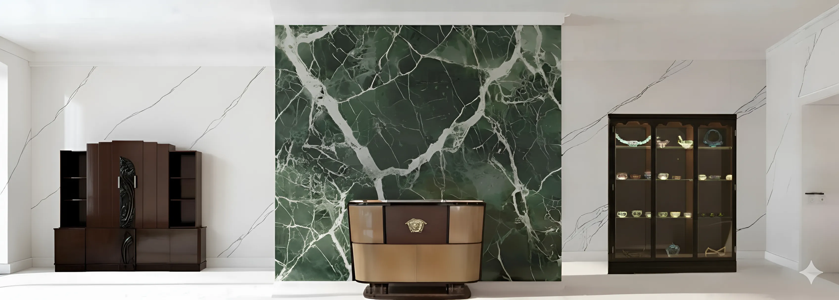 Biblioteca moderna con vitrinas elegantes en ambiente minimalista.