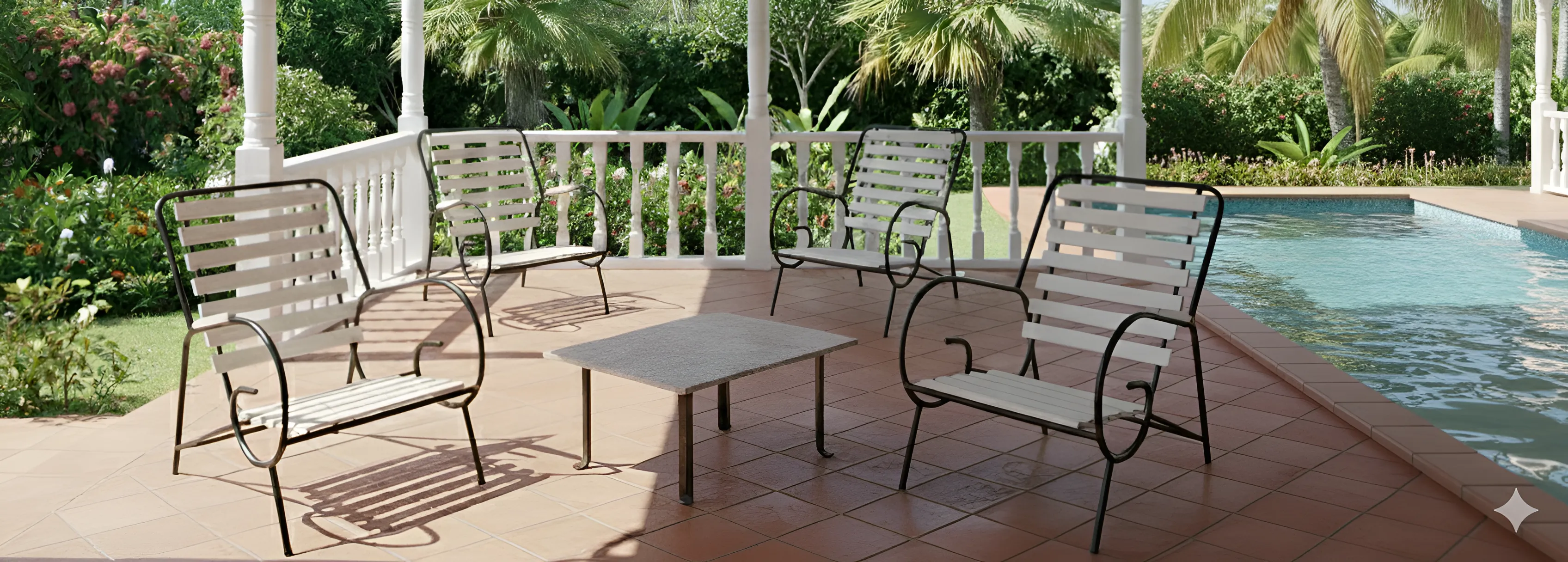 conjunto de muebles de jardín contemporáneos con sillas y mesa en un ambiente exterior verde