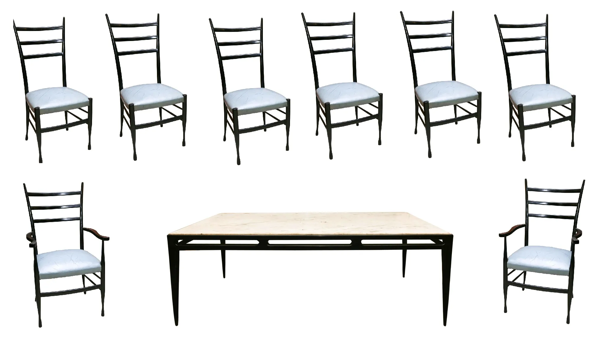 Table à manger ancienne avec 8 places et chaises élégantes, style Gio Ponti.